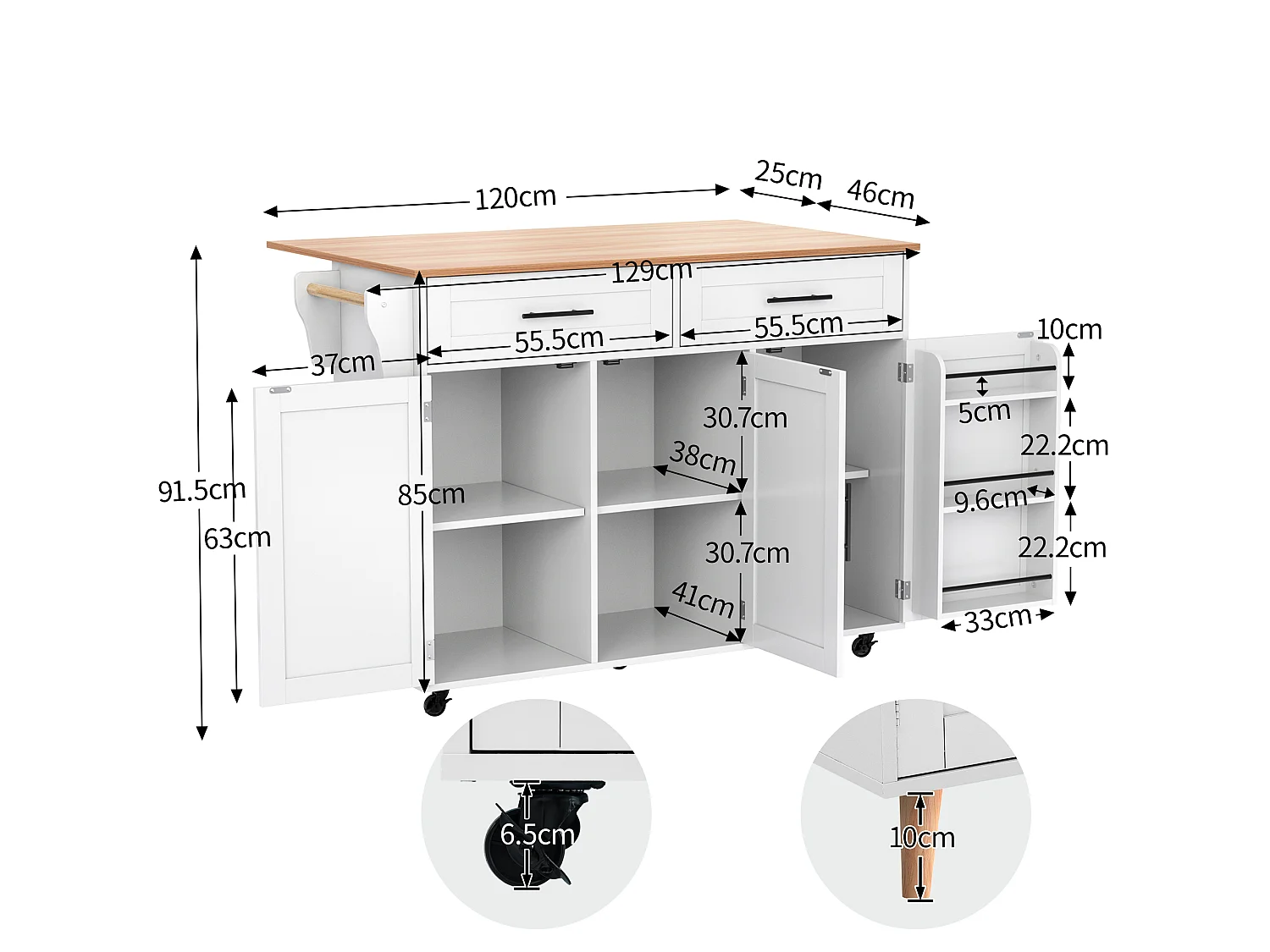 Îlot central de cuisine mobile avec 3 portes et 2 tiroirs - 129 x 46/71 x 91,5 cm - MDF - Plateau extensible - Blanc
