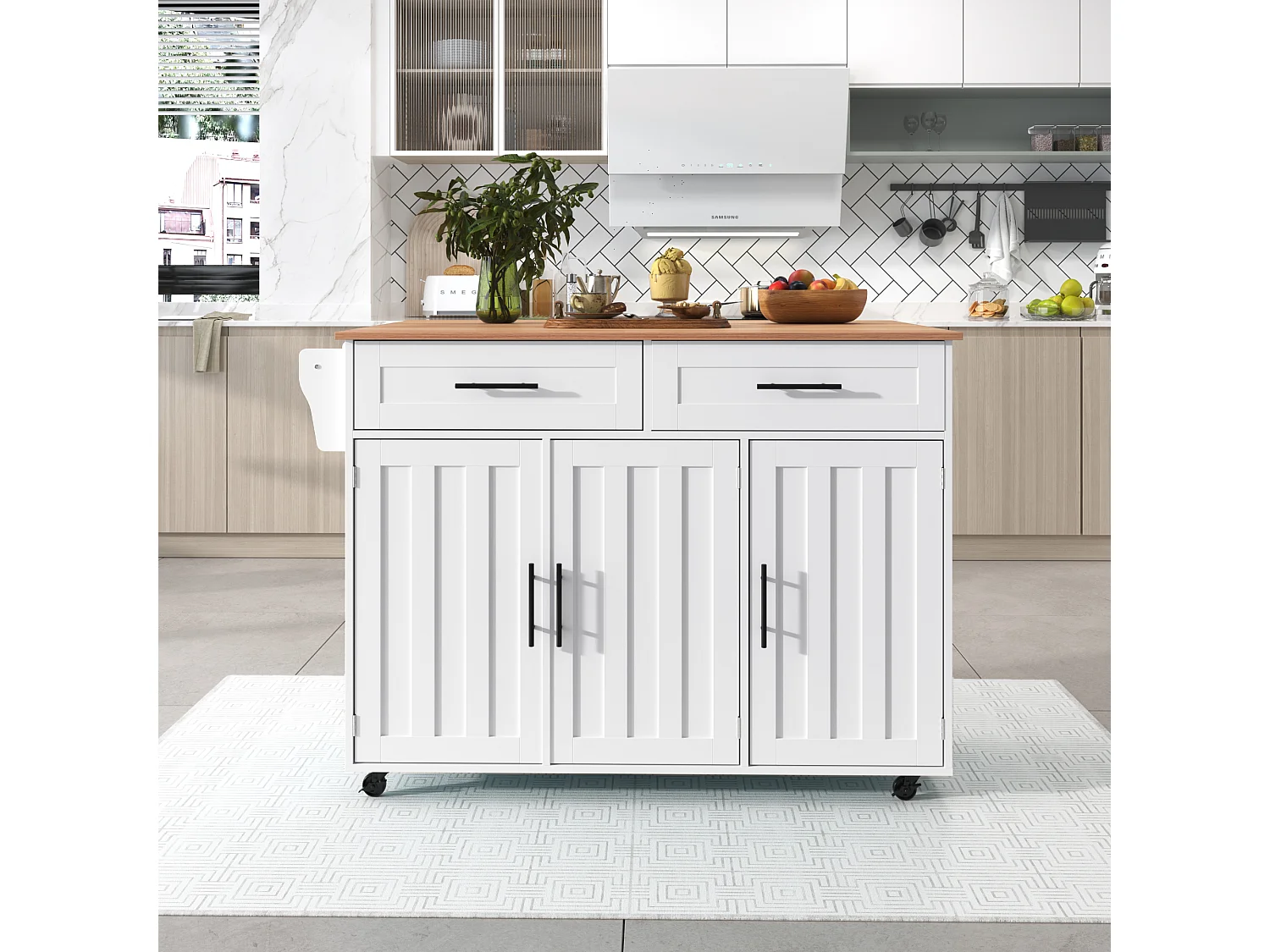 Îlot central de cuisine mobile avec 3 portes et 2 tiroirs - 129 x 46/71 x 91,5 cm - MDF - Plateau extensible - Blanc