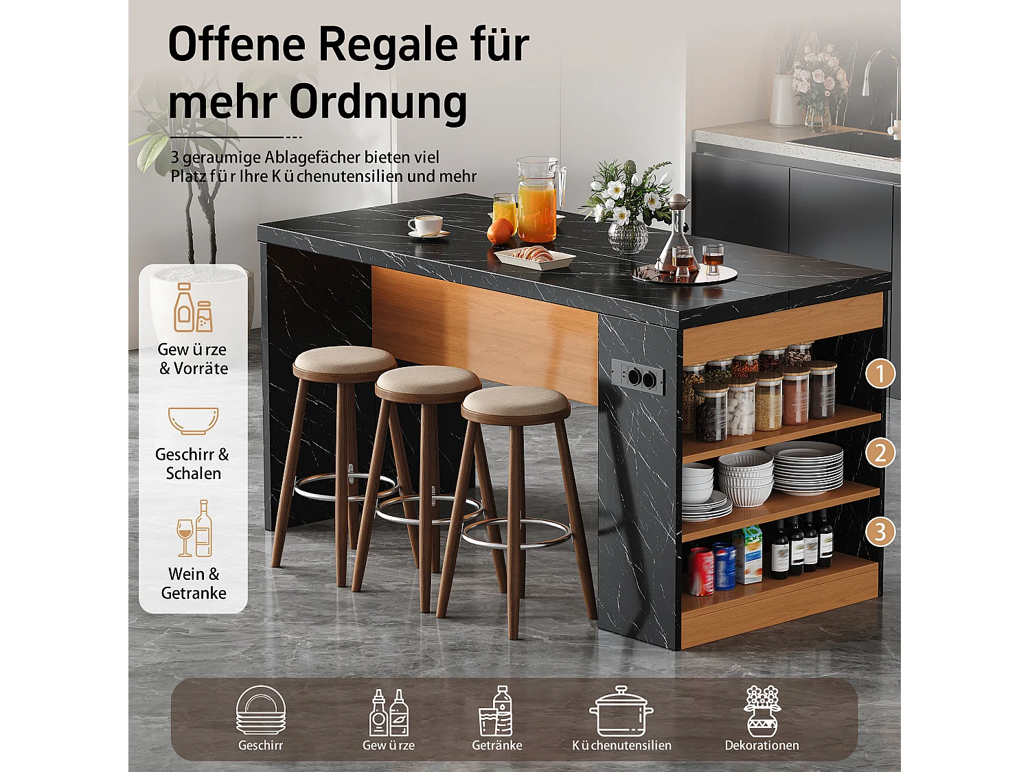 Îlot central de cuisine multifonctionnel avec LED et prises électriques - 2 prises + 2 ports USB - 155 x 80 x 90 cm – MDF –  Noir