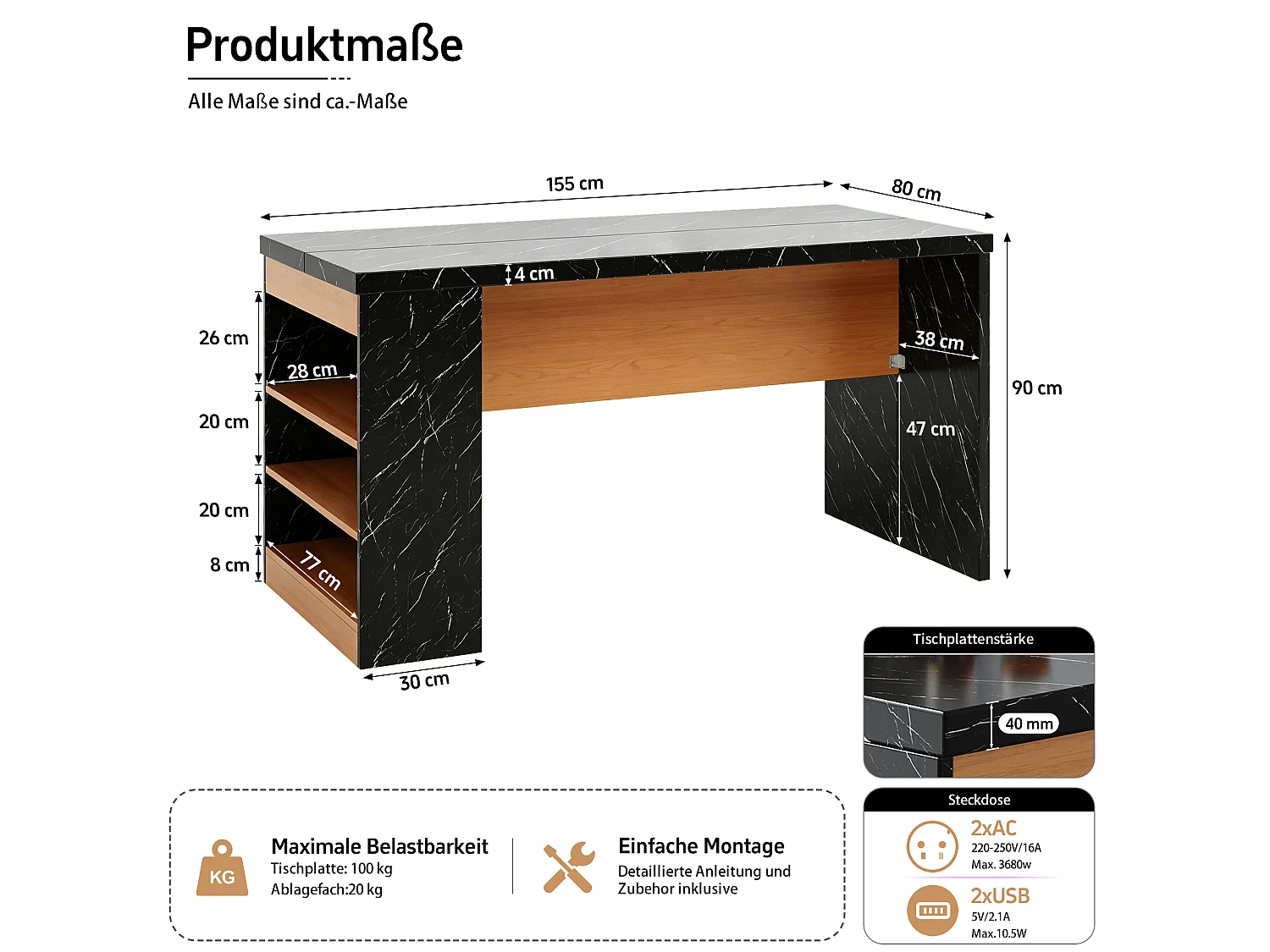Îlot central de cuisine multifonctionnel avec LED et prises électriques - 2 prises + 2 ports USB - 155 x 80 x 90 cm – MDF –  Noir
