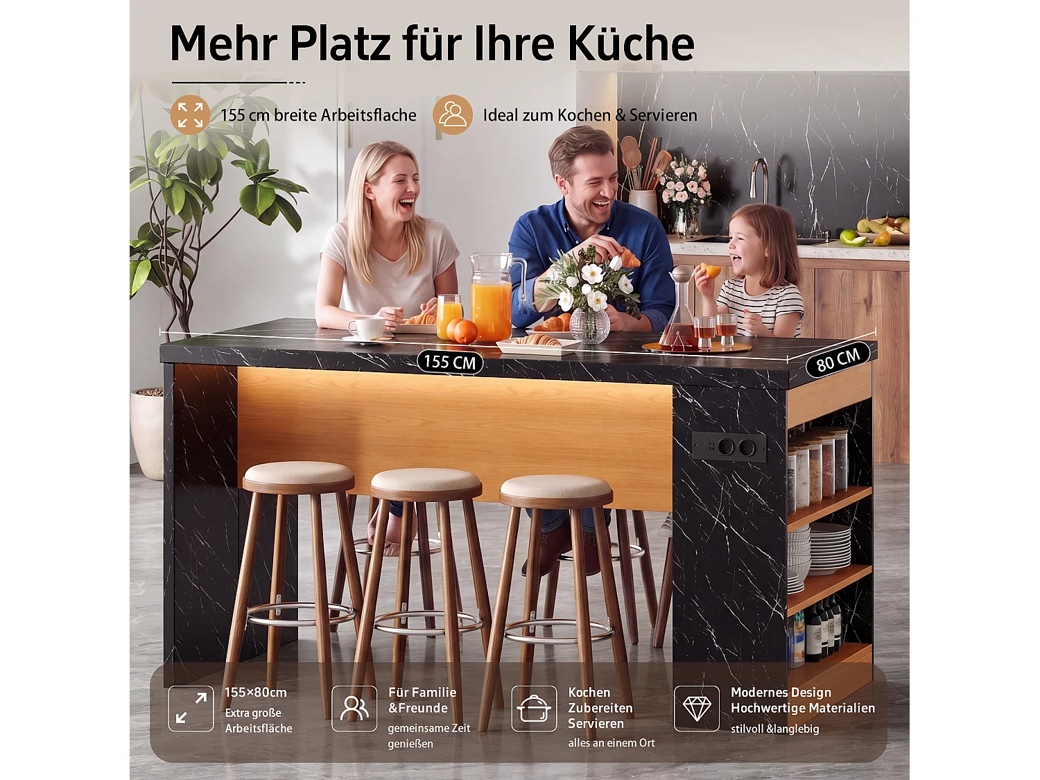 Îlot central de cuisine multifonctionnel avec LED et prises électriques - 2 prises + 2 ports USB - 155 x 80 x 90 cm – MDF –  Noir