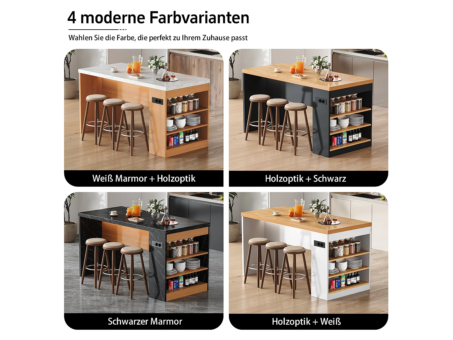 Îlot central de cuisine multifonctionnel avec LED et prises électriques - 2 prises + 2 ports USB - 155 x 80 x 90 cm – MDF –  Noir