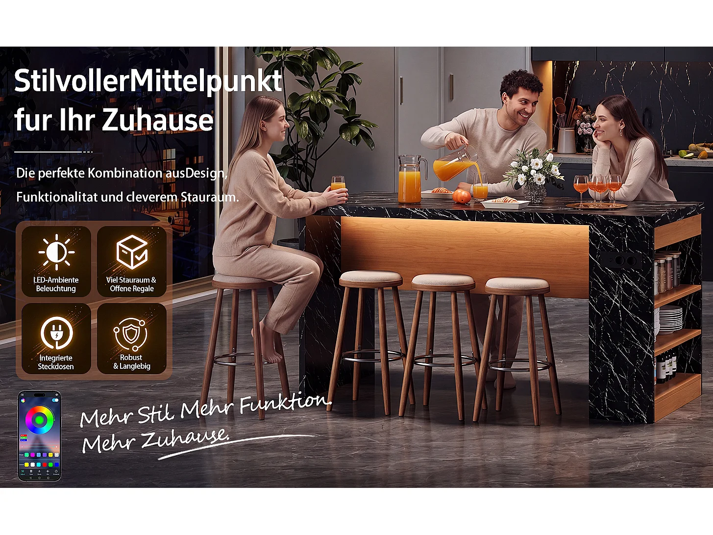 Îlot central de cuisine multifonctionnel avec LED et prises électriques - 2 prises + 2 ports USB - 155 x 80 x 90 cm – MDF –  Noir