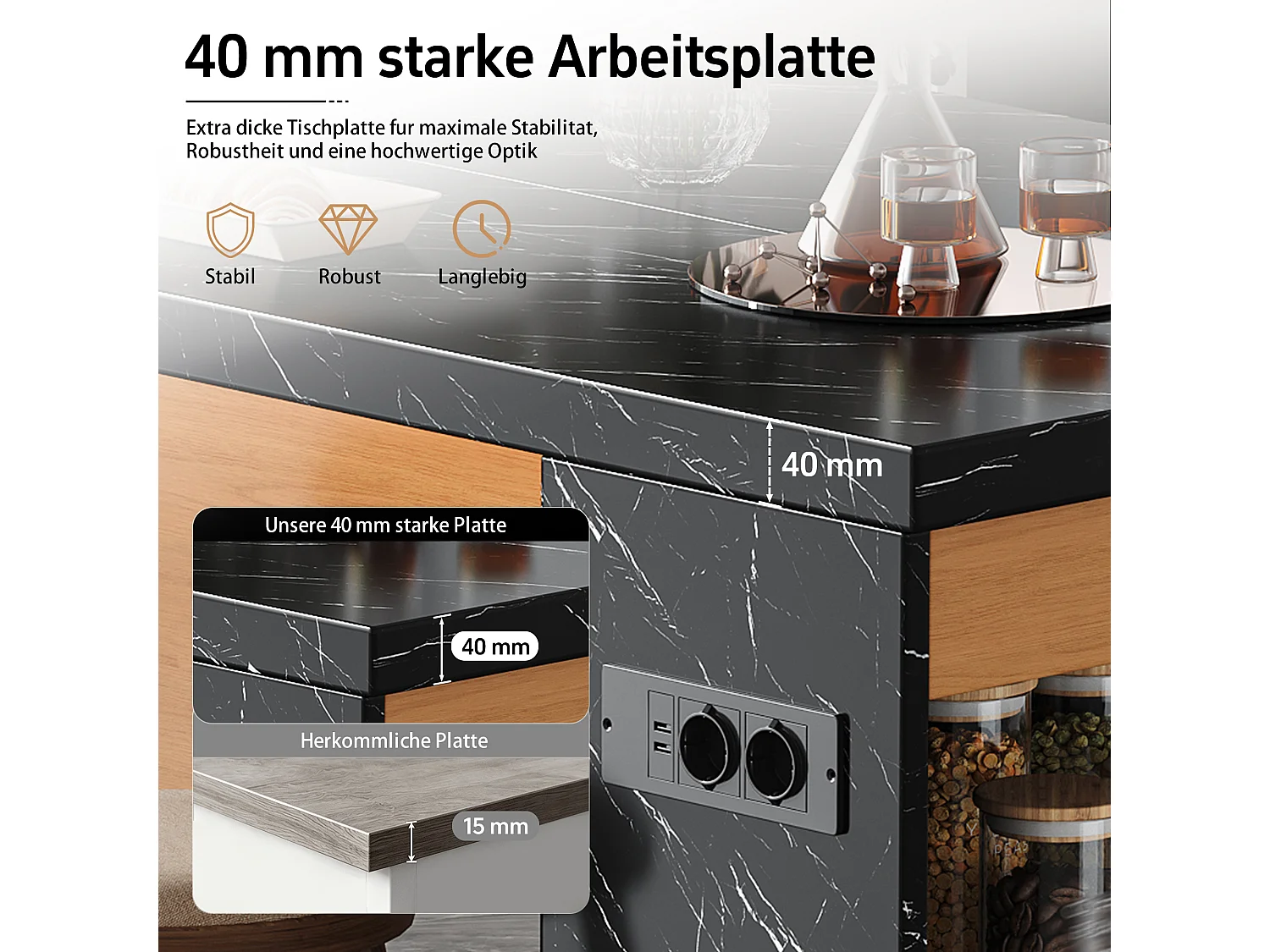Îlot central de cuisine multifonctionnel avec LED et prises électriques - 2 prises + 2 ports USB - 155 x 80 x 90 cm – MDF –  Noir