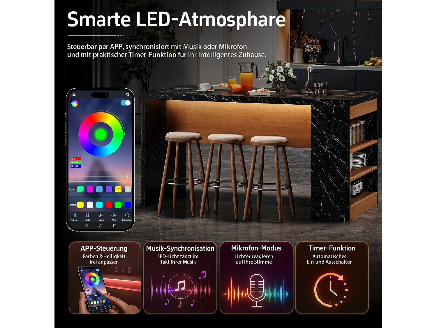 Îlot central de cuisine multifonctionnel avec LED et prises électriques - 2 prises + 2 ports USB - 155 x 80 x 90 cm – MDF –  Noir