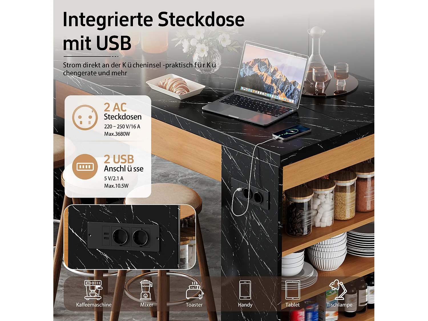 Îlot central de cuisine multifonctionnel avec LED et prises électriques - 2 prises + 2 ports USB - 155 x 80 x 90 cm – MDF –  Noir