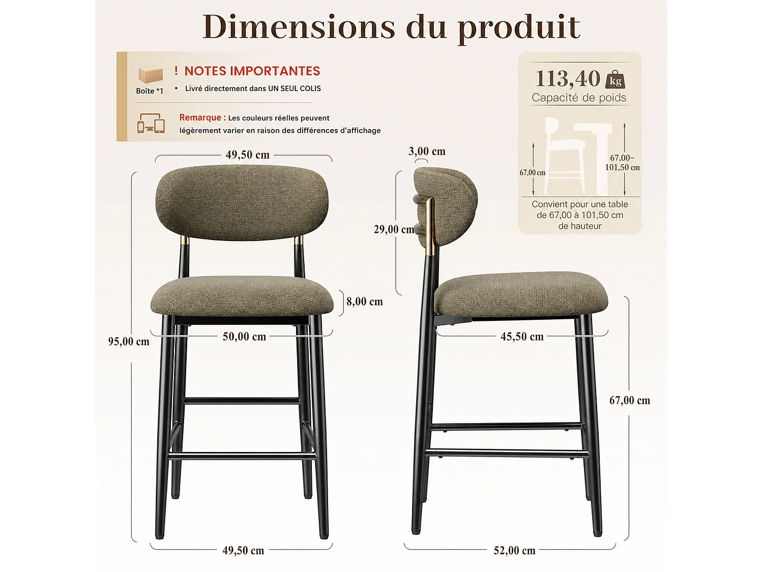 Lot de 2 Tabourets de Bar en Tissu, Chaises de Bar Rembourrées avec Dossier Arrondi et Finition Dorée, Pieds en Métal Noir et Repose-Pieds，Marron