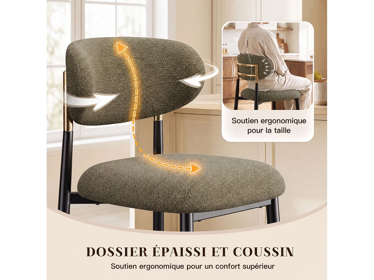 Lot de 2 Tabourets de Bar en Tissu, Chaises de Bar Rembourrées avec Dossier Arrondi et Finition Dorée, Pieds en Métal Noir et Repose-Pieds，Marron