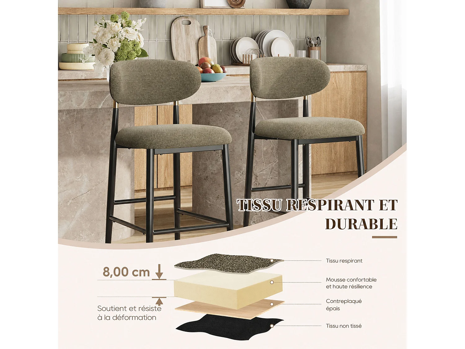 Lot de 2 Tabourets de Bar en Tissu, Chaises de Bar Rembourrées avec Dossier Arrondi et Finition Dorée, Pieds en Métal Noir et Repose-Pieds，Marron