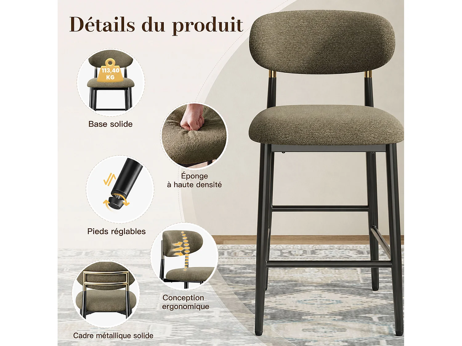 Lot de 2 Tabourets de Bar en Tissu, Chaises de Bar Rembourrées avec Dossier Arrondi et Finition Dorée, Pieds en Métal Noir et Repose-Pieds，Marron