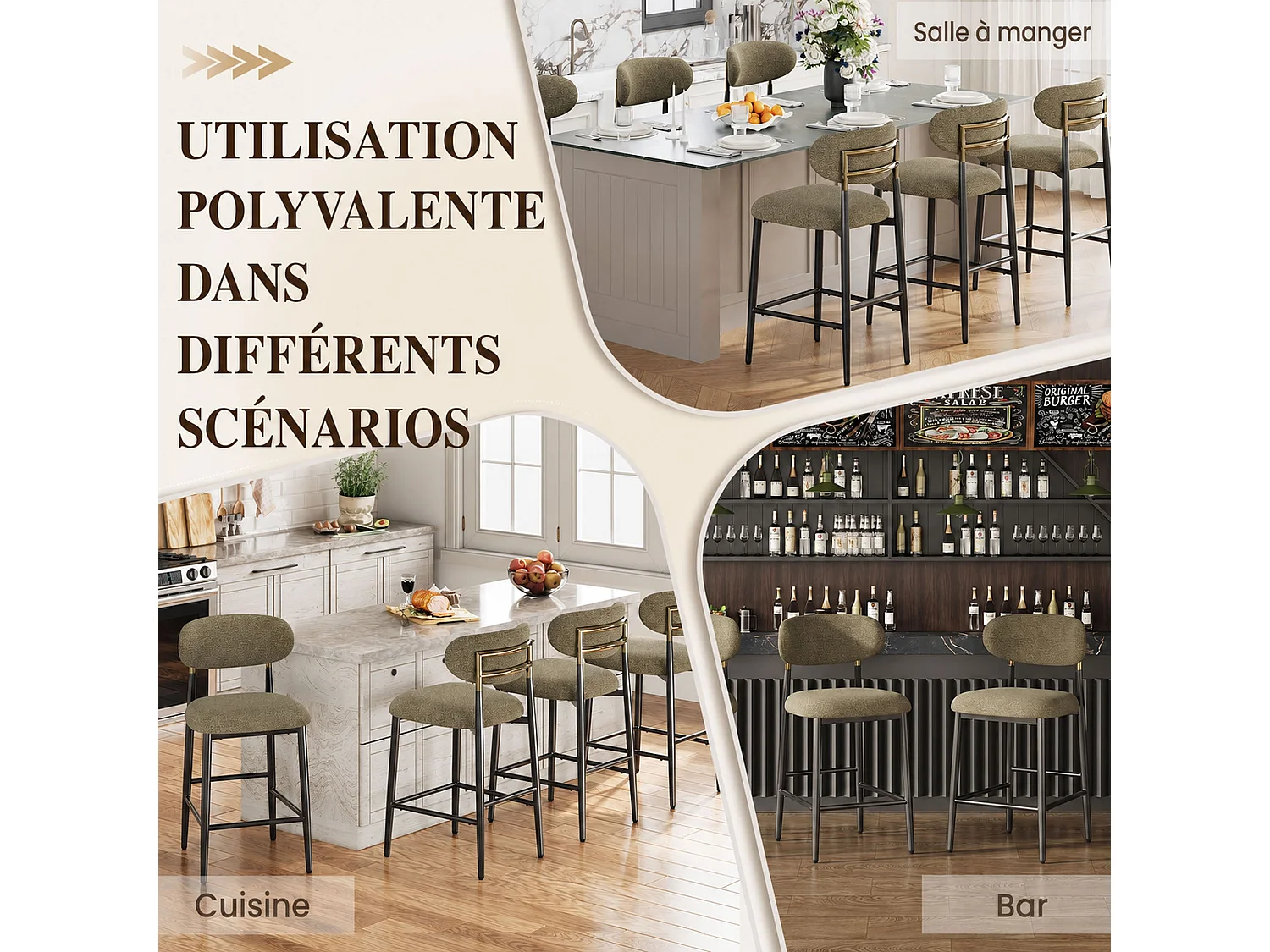 Lot de 2 Tabourets de Bar en Tissu, Chaises de Bar Rembourrées avec Dossier Arrondi et Finition Dorée, Pieds en Métal Noir et Repose-Pieds，Marron