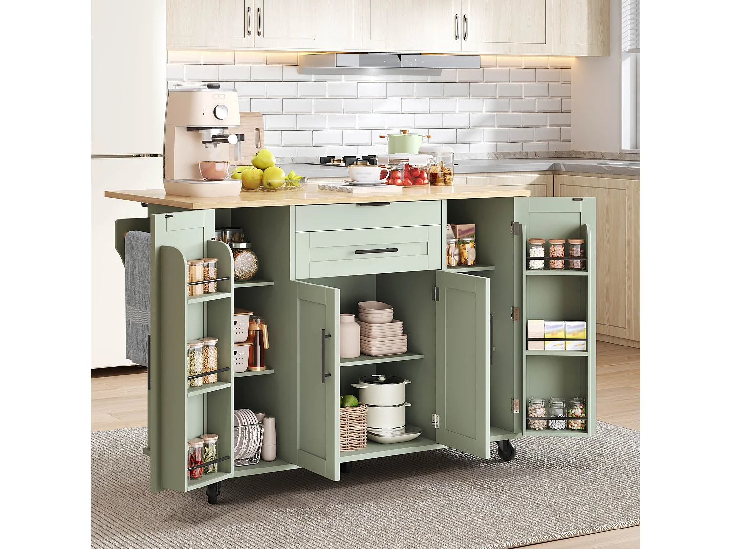 Mobil köksö - Utdragbar fällbar topp, 2 lådor och 4 dörrar – 136 x 45/70 x 92 cm – Grön