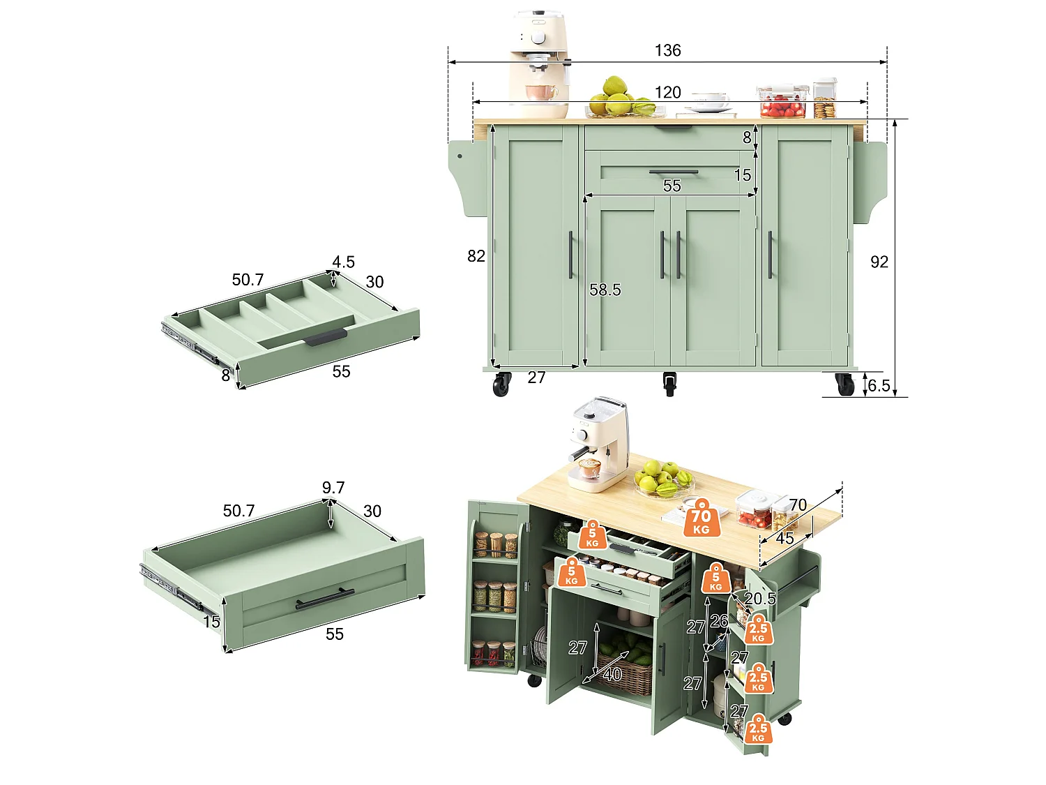 Mobil köksö - Utdragbar fällbar topp, 2 lådor och 4 dörrar – 136 x 45/70 x 92 cm – Grön