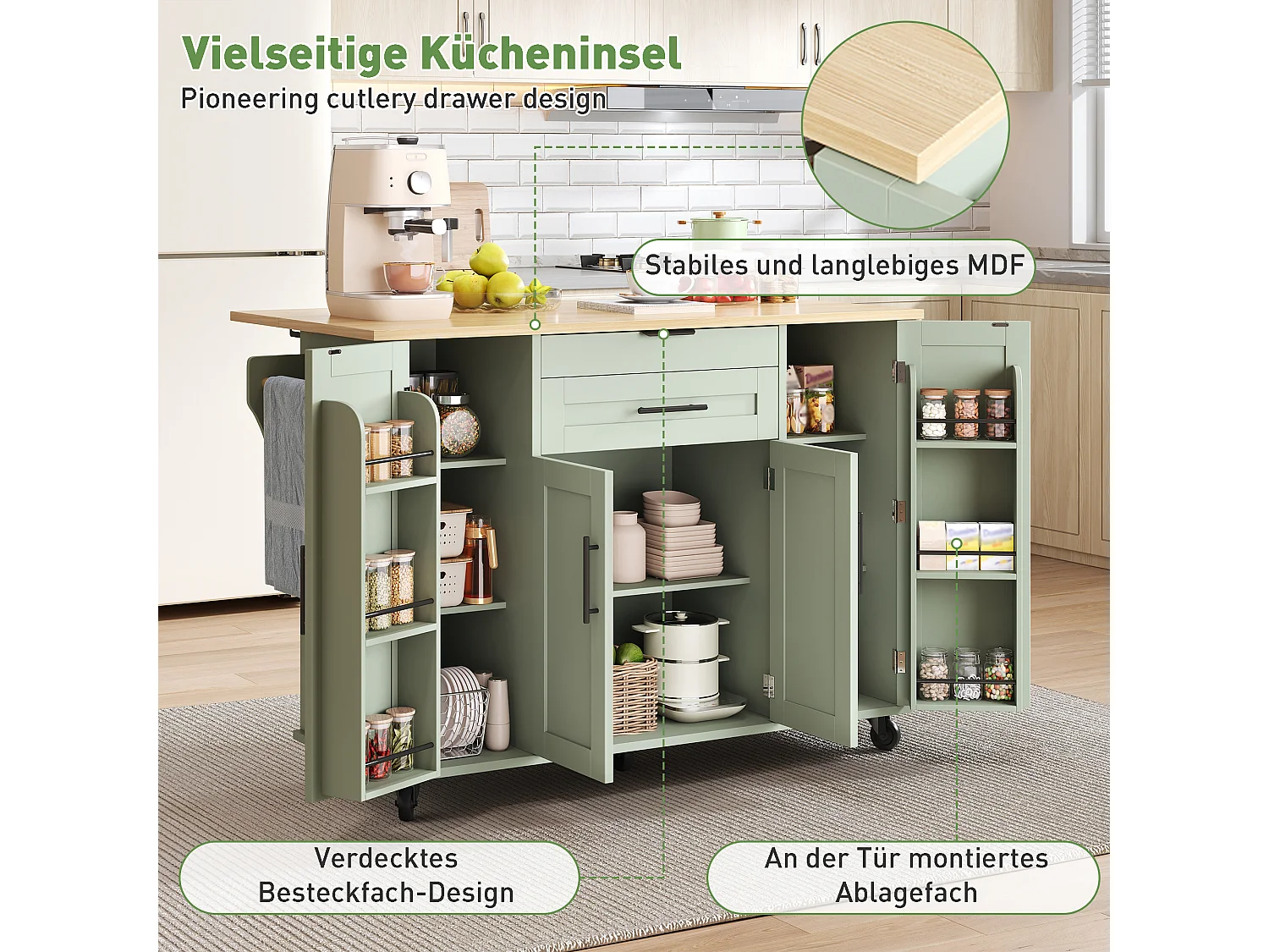 Mobil köksö - Utdragbar fällbar topp, 2 lådor och 4 dörrar – 136 x 45/70 x 92 cm – Grön