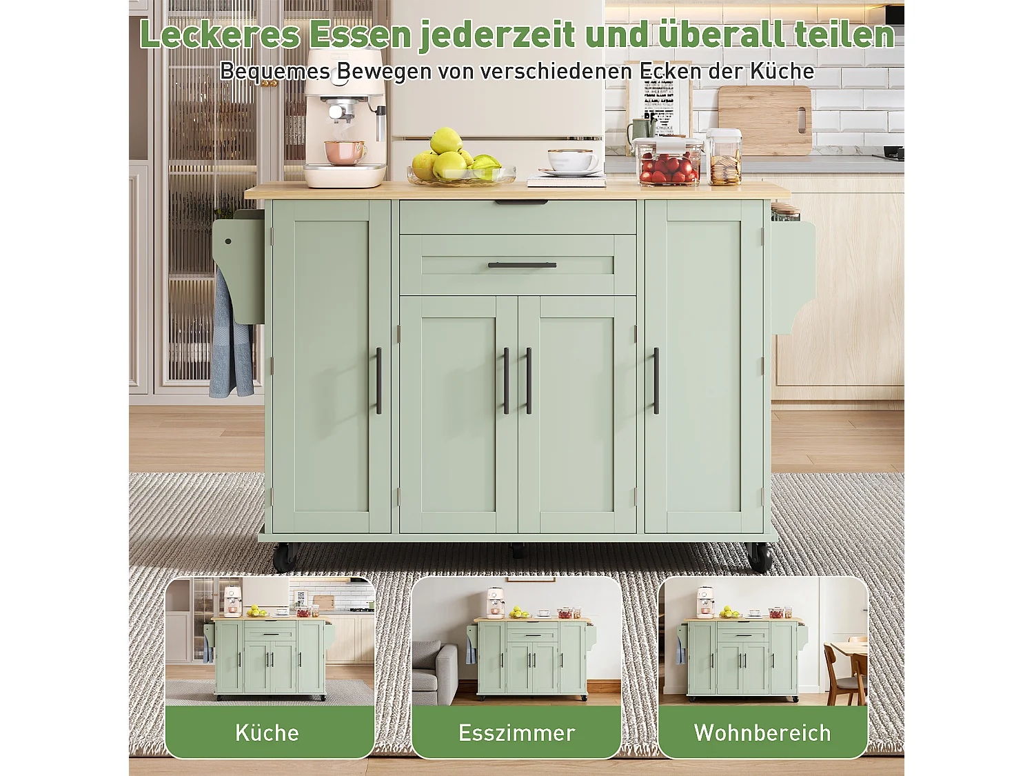 Mobil köksö - Utdragbar fällbar topp, 2 lådor och 4 dörrar – 136 x 45/70 x 92 cm – Grön
