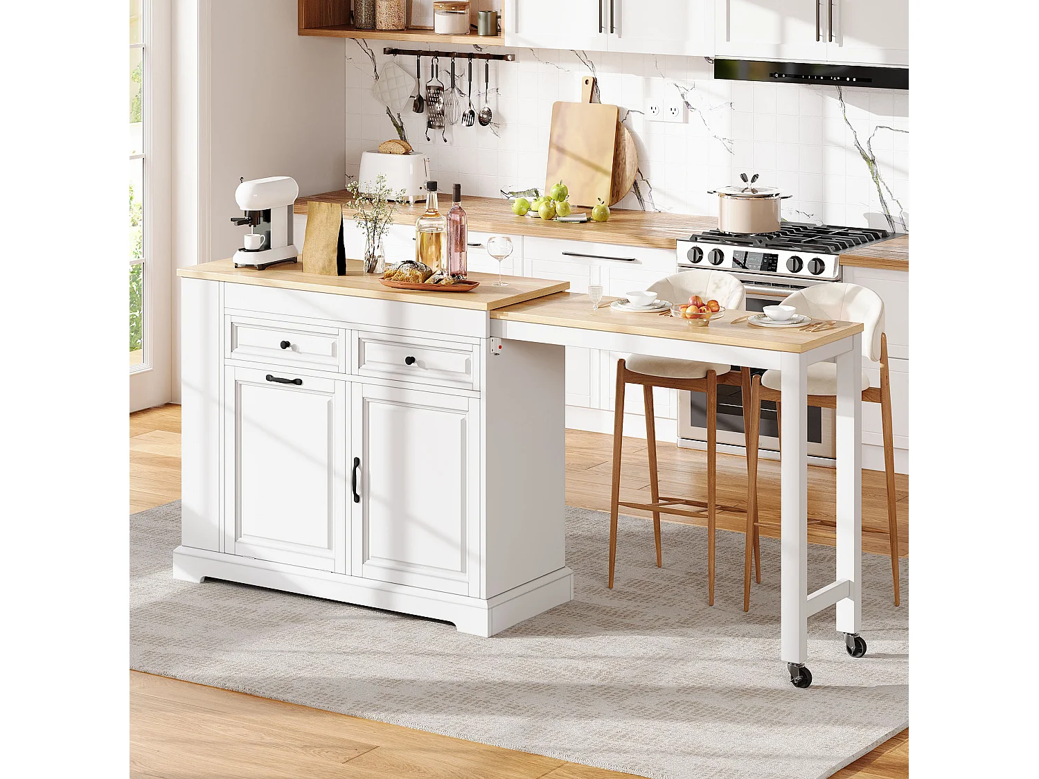 Utdragbar köksö med papperskorg, matplats, 2 dörrar och 2 lådor – 112–180 x 45 x 92 cm – MDF – Vit