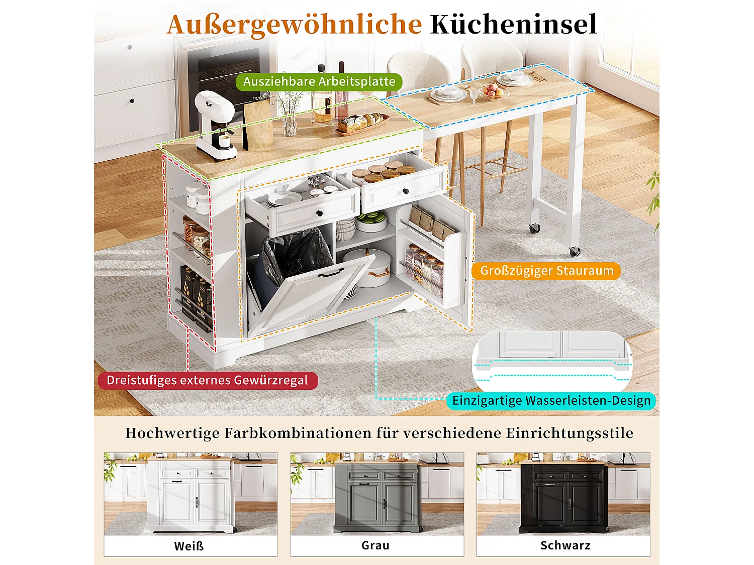 Utdragbar köksö med papperskorg, matplats, 2 dörrar och 2 lådor – 112–180 x 45 x 92 cm – MDF – Vit