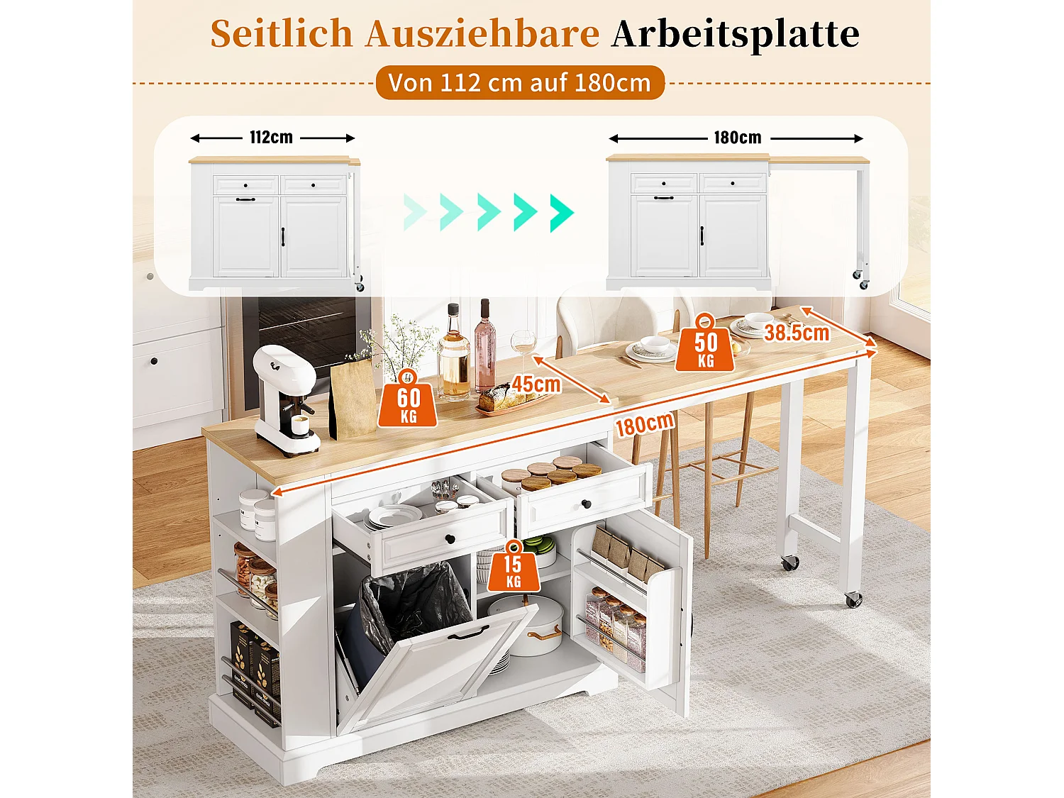 Utdragbar köksö med papperskorg, matplats, 2 dörrar och 2 lådor – 112–180 x 45 x 92 cm – MDF – Vit