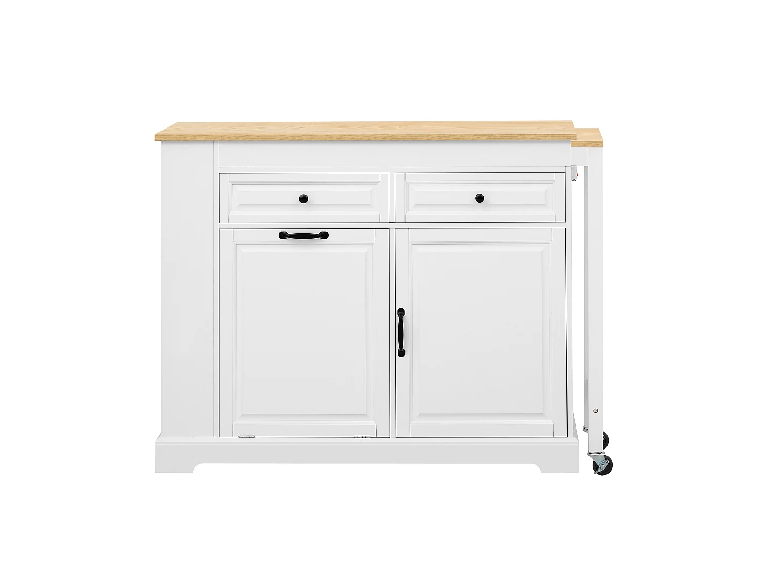 Utdragbar köksö med papperskorg, matplats, 2 dörrar och 2 lådor – 112–180 x 45 x 92 cm – MDF – Vit