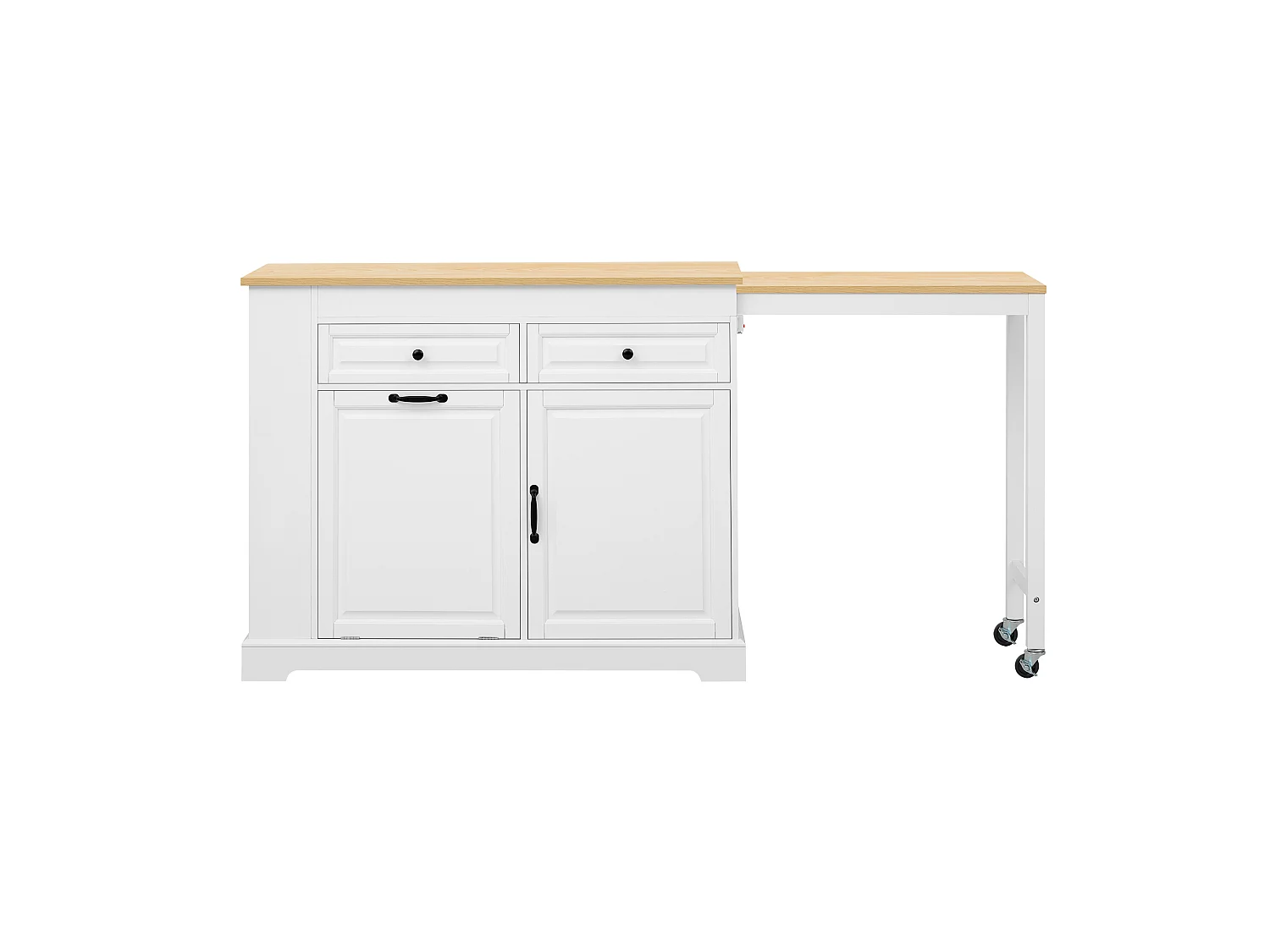 Utdragbar köksö med papperskorg, matplats, 2 dörrar och 2 lådor – 112–180 x 45 x 92 cm – MDF – Vit