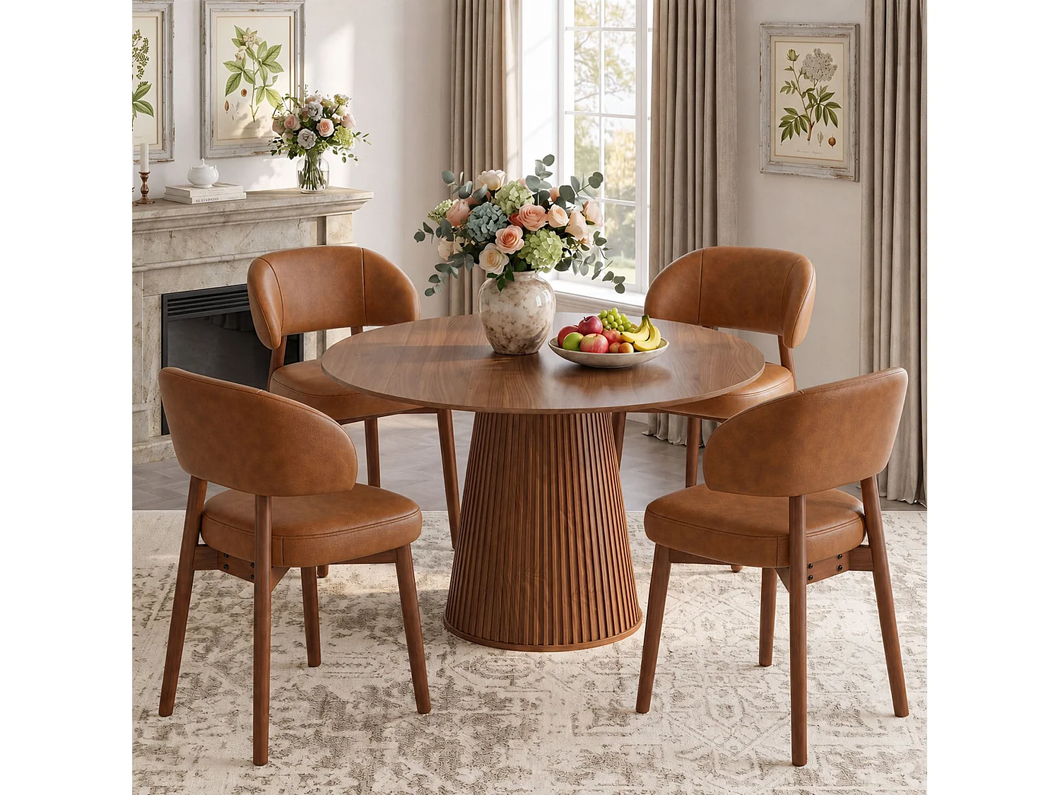 Set van 2 eetkamerstoelen van kunstleer, extra brede gebogen en omhullende rugleuning, houten frame met verstelbare voetdoppen, bruin