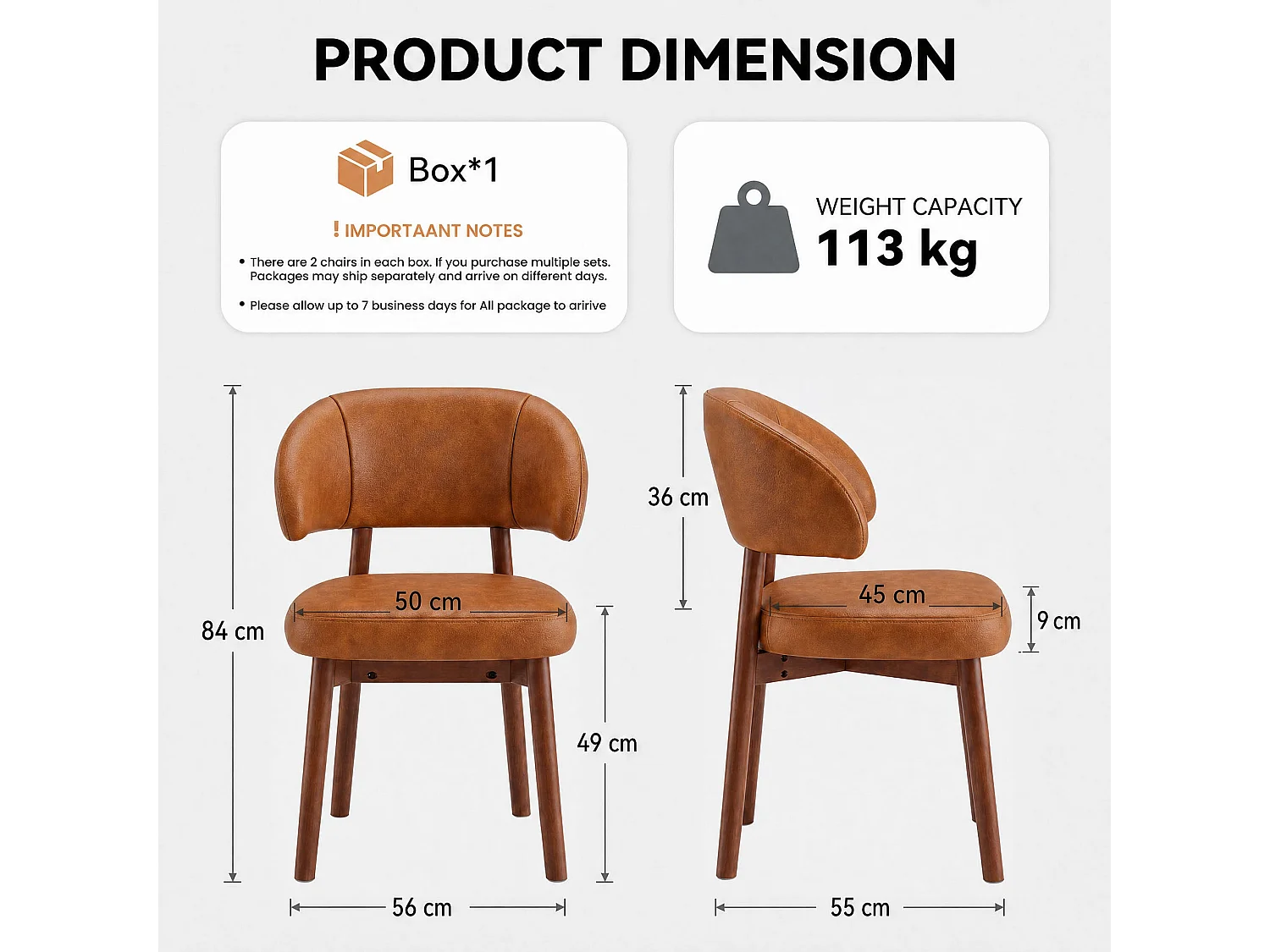 Set van 2 eetkamerstoelen van kunstleer, extra brede gebogen en omhullende rugleuning, houten frame met verstelbare voetdoppen, bruin