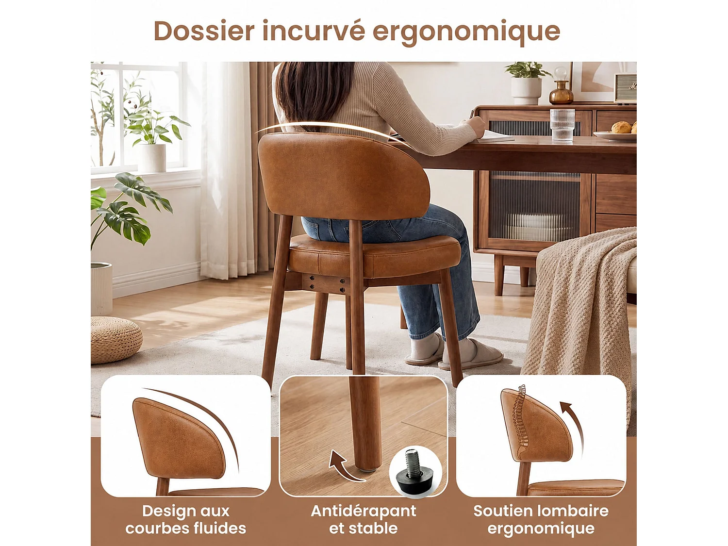Set van 2 eetkamerstoelen van kunstleer, extra brede gebogen en omhullende rugleuning, houten frame met verstelbare voetdoppen, bruin
