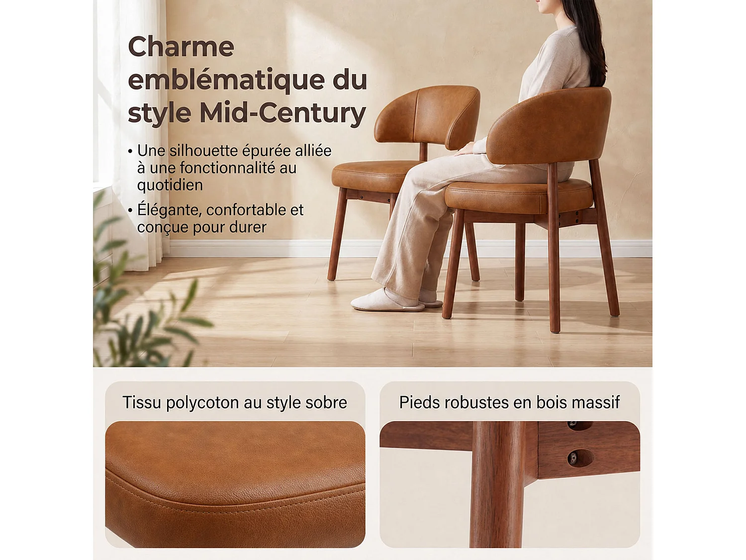 Set van 2 eetkamerstoelen van kunstleer, extra brede gebogen en omhullende rugleuning, houten frame met verstelbare voetdoppen, bruin