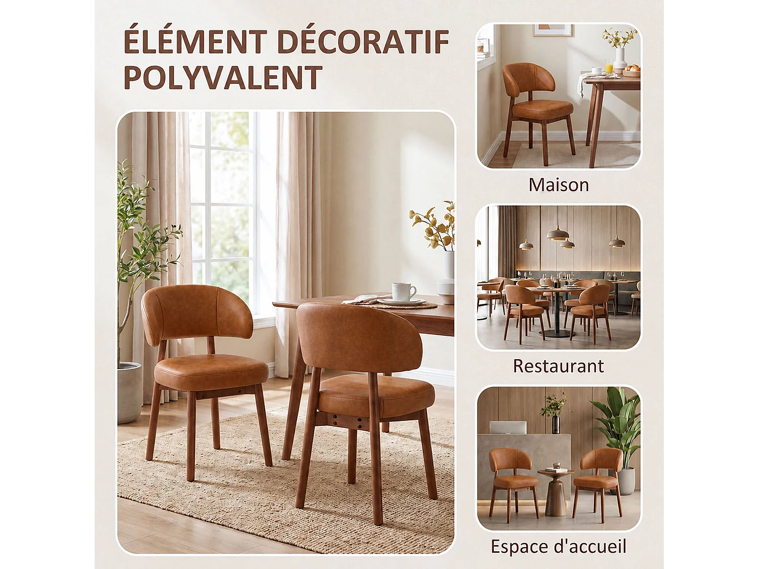 Set van 2 eetkamerstoelen van kunstleer, extra brede gebogen en omhullende rugleuning, houten frame met verstelbare voetdoppen, bruin
