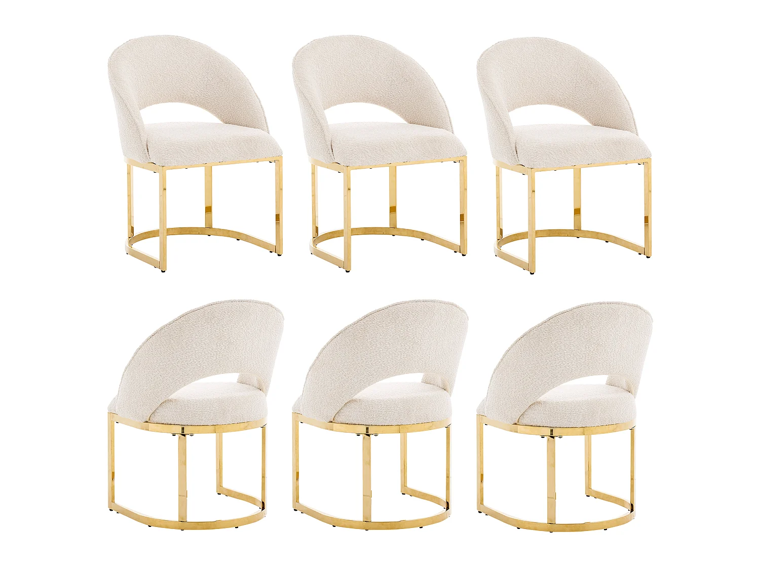 Conjunto de 6 cadeiras de jantar com encosto curvo e pés de metal galvanizado - Tecido bouclé - 59 x 56 x 80 cm - Bege + dourado