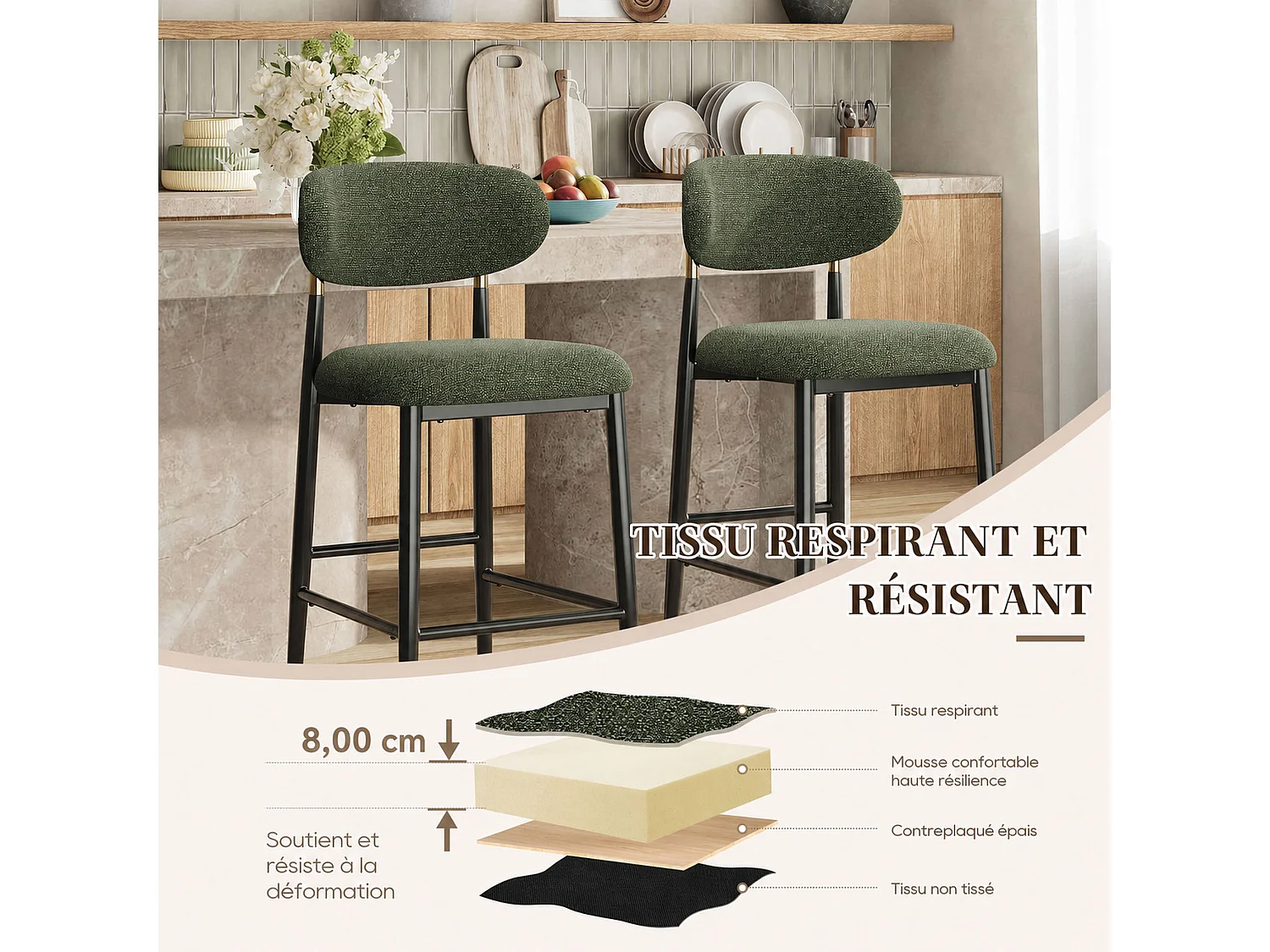 Set van 2 stoffen barkrukken - Kleur: groen – Afgeronde rugleuning – Zwarte metalen poten