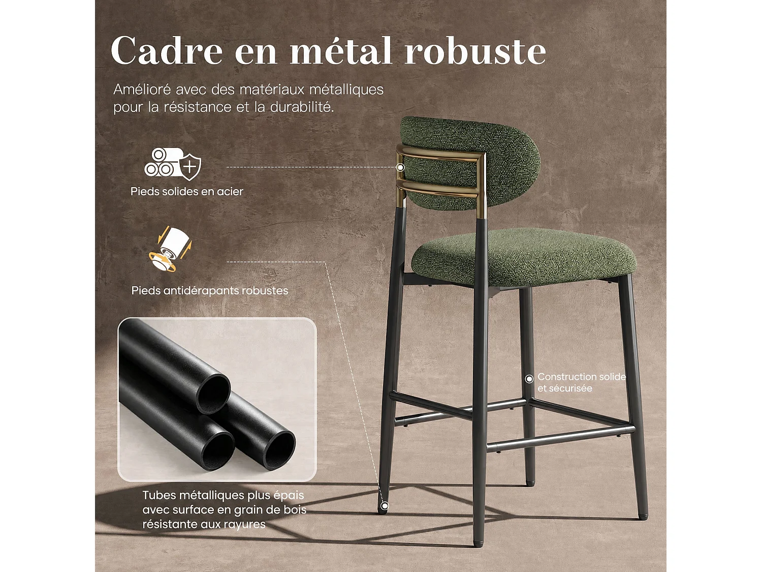 Set van 2 stoffen barkrukken - Kleur: groen – Afgeronde rugleuning – Zwarte metalen poten