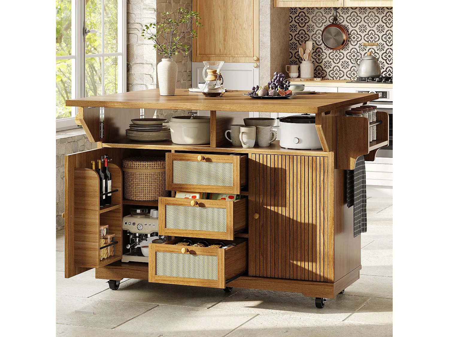Îlot central de cuisine pliable avec 3 tiroirs, 2 portes et étagères réglables - MDF/métal/rotin PE - 142,5 x 40-80 x 95 cm - Brun foncé