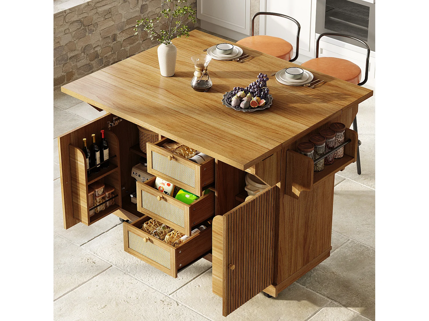 Îlot central de cuisine pliable avec 3 tiroirs, 2 portes et étagères réglables - MDF/métal/rotin PE - 142,5 x 40-80 x 95 cm - Brun foncé