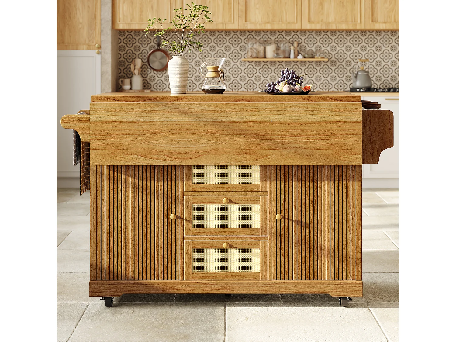 Îlot central de cuisine pliable avec 3 tiroirs, 2 portes et étagères réglables - MDF/métal/rotin PE - 142,5 x 40-80 x 95 cm - Brun foncé