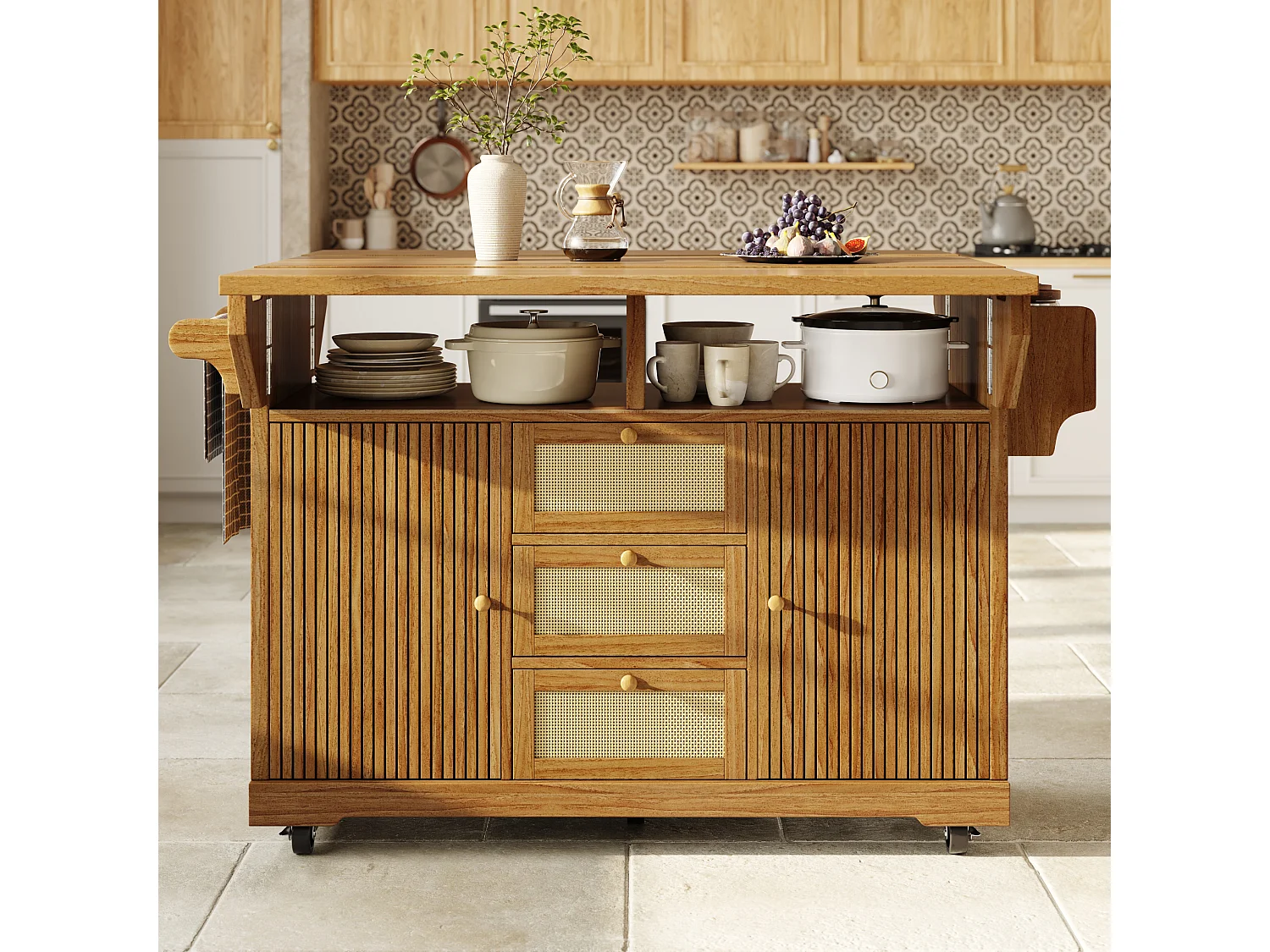 Îlot central de cuisine pliable avec 3 tiroirs, 2 portes et étagères réglables - MDF/métal/rotin PE - 142,5 x 40-80 x 95 cm - Brun foncé
