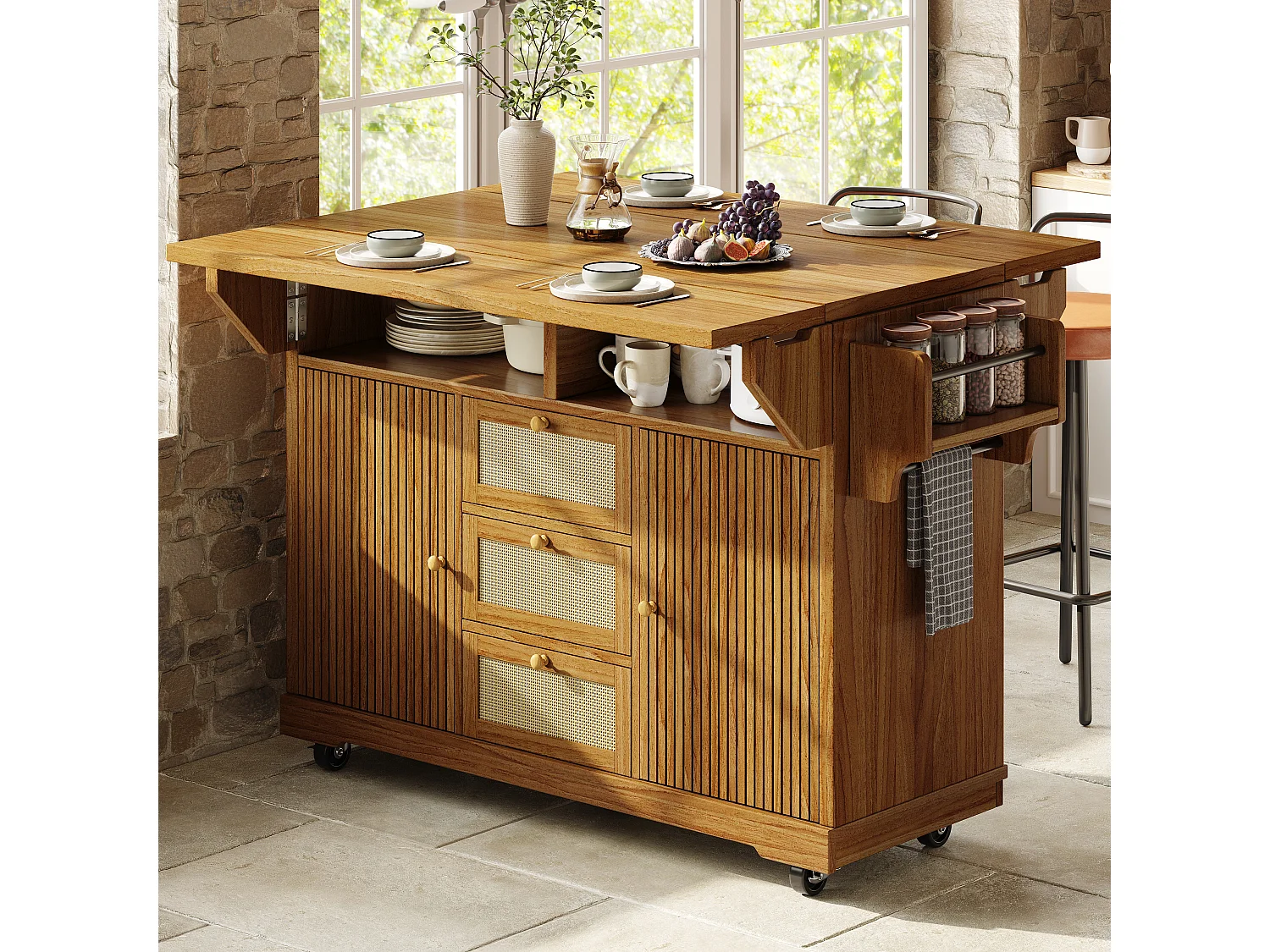 Îlot central de cuisine pliable avec 3 tiroirs, 2 portes et étagères réglables - MDF/métal/rotin PE - 142,5 x 40-80 x 95 cm - Brun foncé