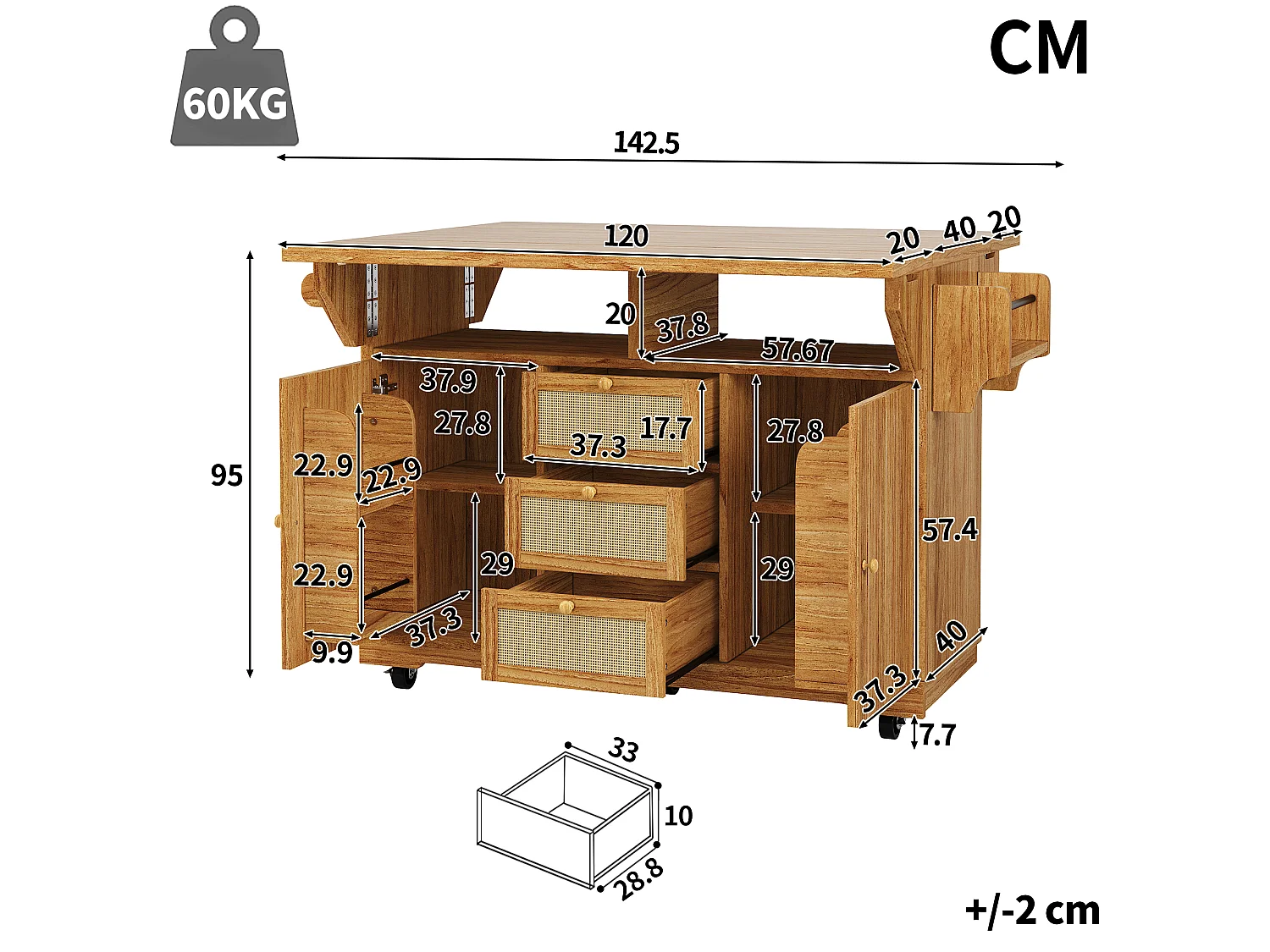 Îlot central de cuisine pliable avec 3 tiroirs, 2 portes et étagères réglables - MDF/métal/rotin PE - 142,5 x 40-80 x 95 cm - Brun foncé