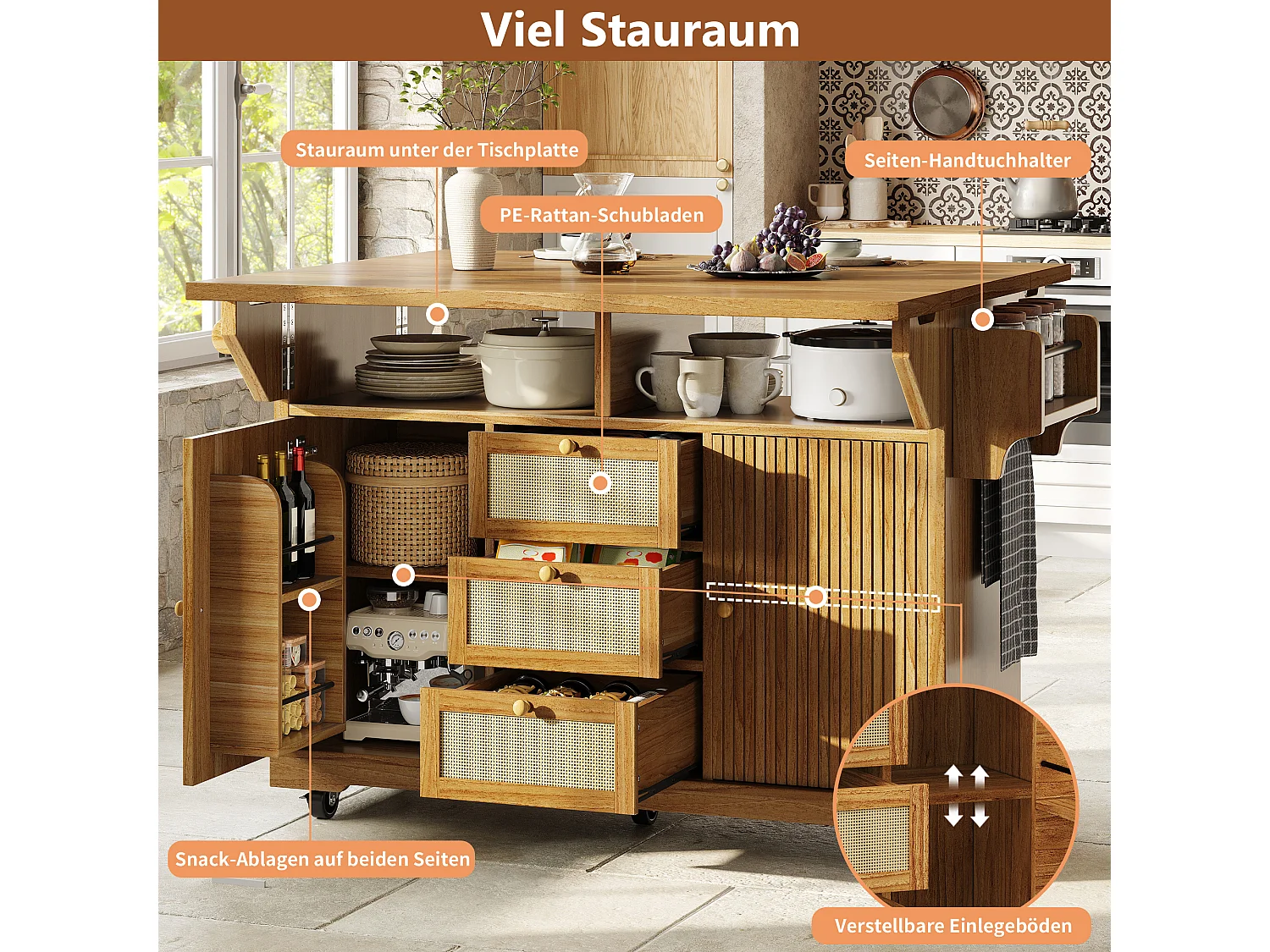 Îlot central de cuisine pliable avec 3 tiroirs, 2 portes et étagères réglables - MDF/métal/rotin PE - 142,5 x 40-80 x 95 cm - Brun foncé