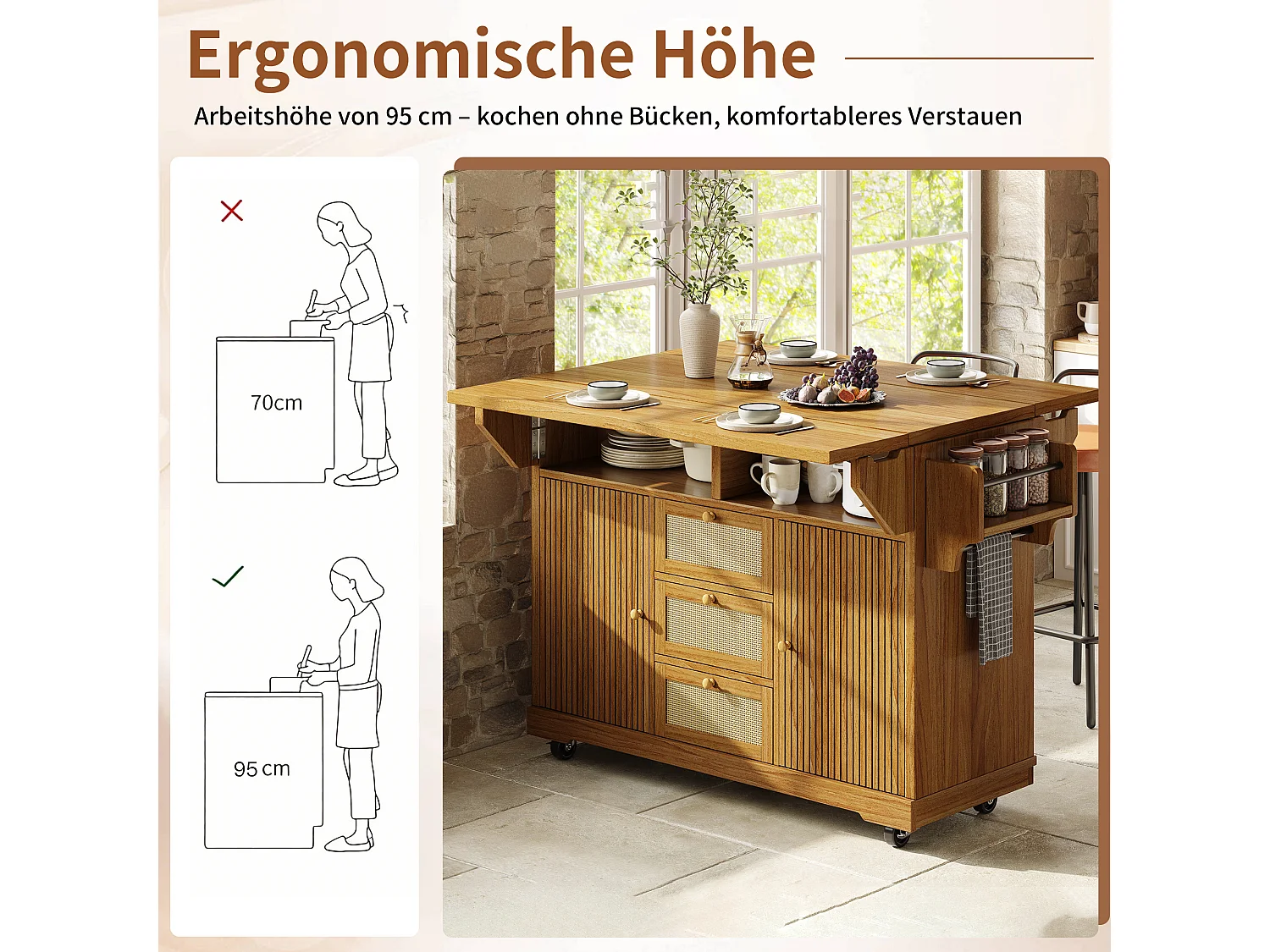 Îlot central de cuisine pliable avec 3 tiroirs, 2 portes et étagères réglables - MDF/métal/rotin PE - 142,5 x 40-80 x 95 cm - Brun foncé