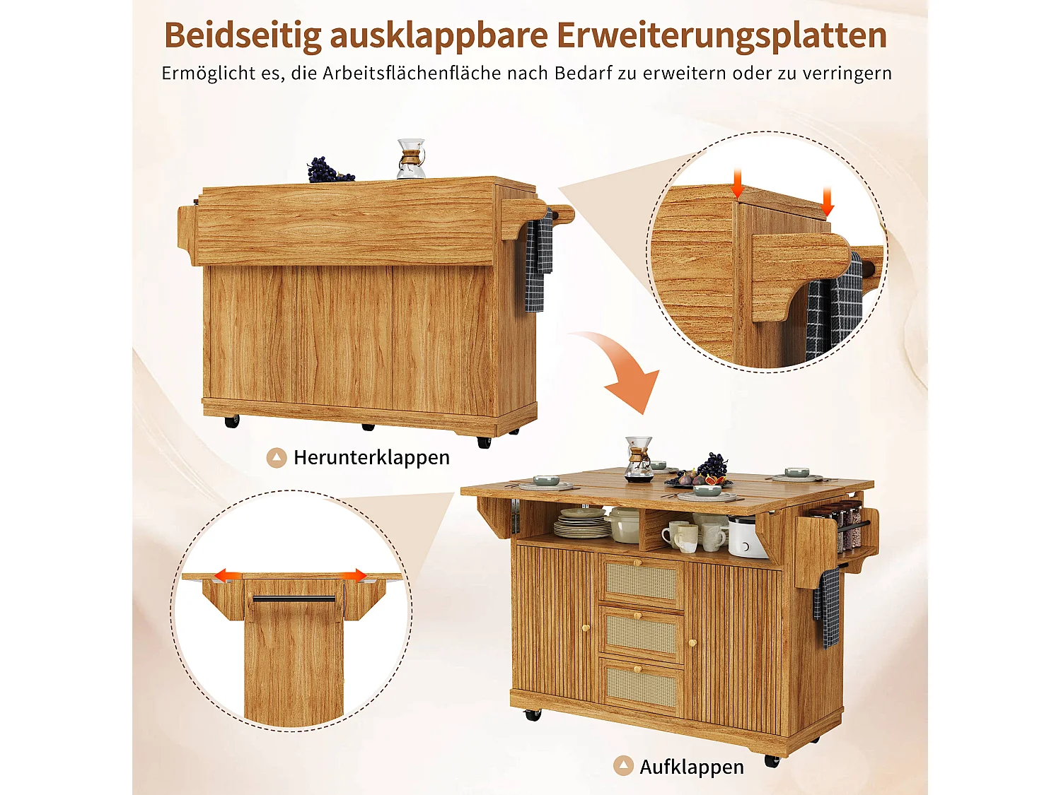 Îlot central de cuisine pliable avec 3 tiroirs, 2 portes et étagères réglables - MDF/métal/rotin PE - 142,5 x 40-80 x 95 cm - Brun foncé