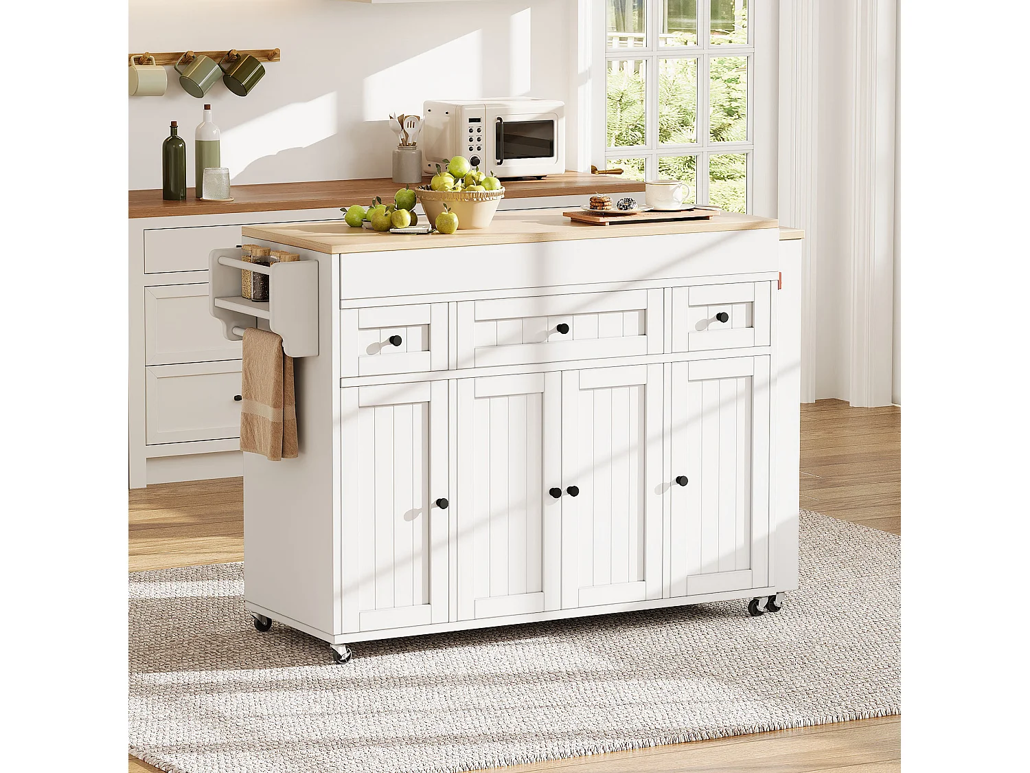 Ausziehbare Kücheninsel auf Rollen mit Arbeitsplatte, 3 Schubladen und 4 Türen – 137–190,6 x 45,2 x 92 cm – MDF – Weiß