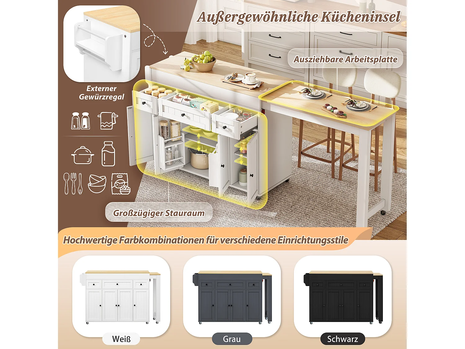 Ausziehbare Kücheninsel auf Rollen mit Arbeitsplatte, 3 Schubladen und 4 Türen – 137–190,6 x 45,2 x 92 cm – MDF – Weiß