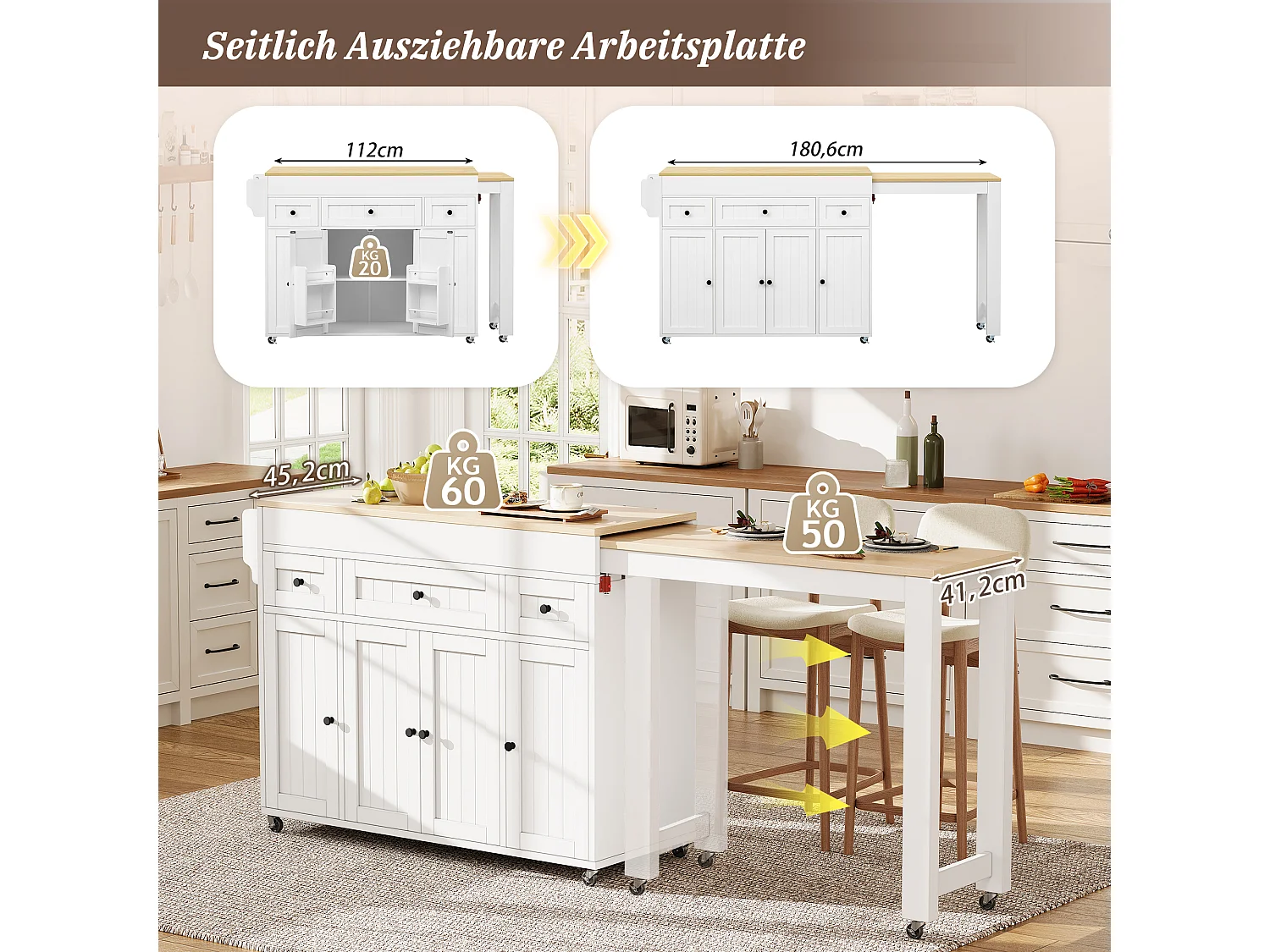 Ausziehbare Kücheninsel auf Rollen mit Arbeitsplatte, 3 Schubladen und 4 Türen – 137–190,6 x 45,2 x 92 cm – MDF – Weiß
