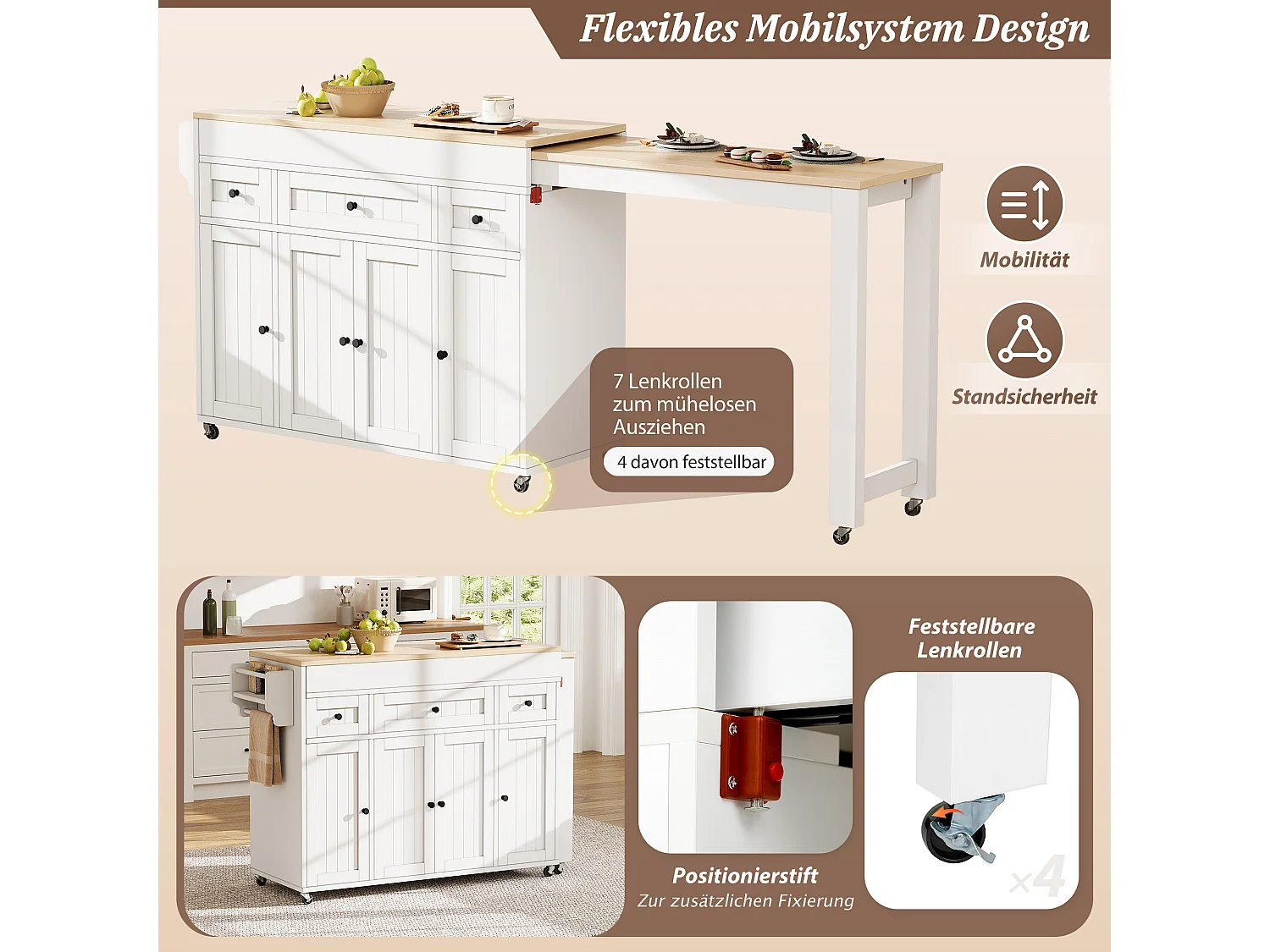 Ausziehbare Kücheninsel auf Rollen mit Arbeitsplatte, 3 Schubladen und 4 Türen – 137–190,6 x 45,2 x 92 cm – MDF – Weiß