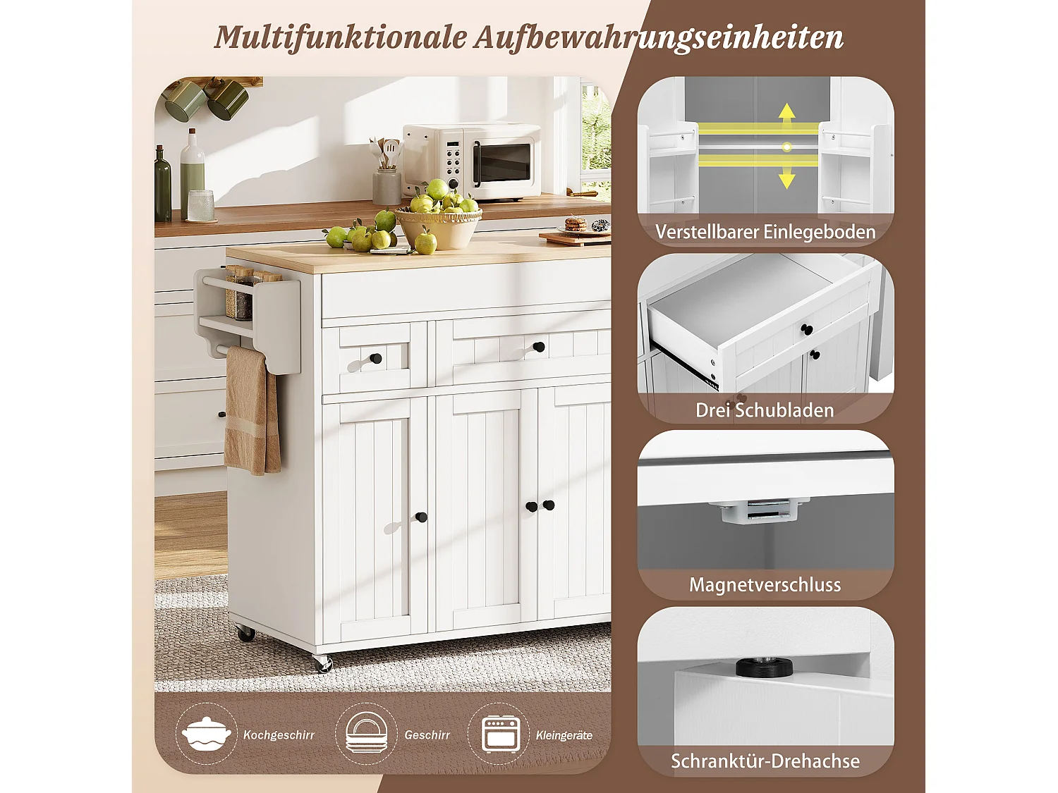 Ausziehbare Kücheninsel auf Rollen mit Arbeitsplatte, 3 Schubladen und 4 Türen – 137–190,6 x 45,2 x 92 cm – MDF – Weiß