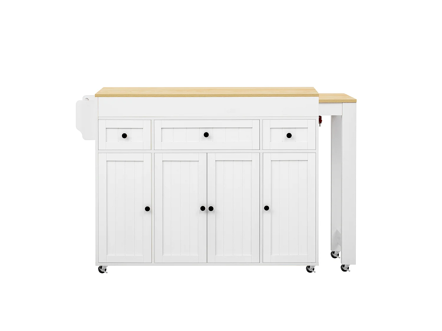 Ausziehbare Kücheninsel auf Rollen mit Arbeitsplatte, 3 Schubladen und 4 Türen – 137–190,6 x 45,2 x 92 cm – MDF – Weiß