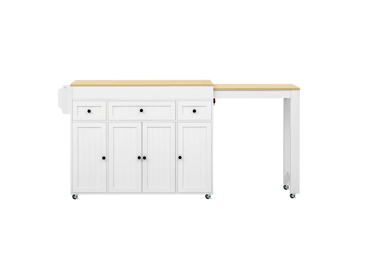 Ausziehbare Kücheninsel auf Rollen mit Arbeitsplatte, 3 Schubladen und 4 Türen – 137–190,6 x 45,2 x 92 cm – MDF – Weiß