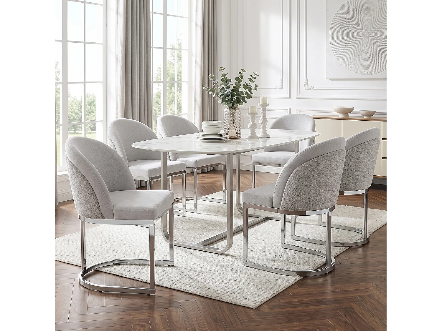 Lot de 6 chaises de salle à manger avec sans accoudoirs - Chenille et pieds en métal galvanisé  - 59 x 52 x 85 cm - Gris clair + argent