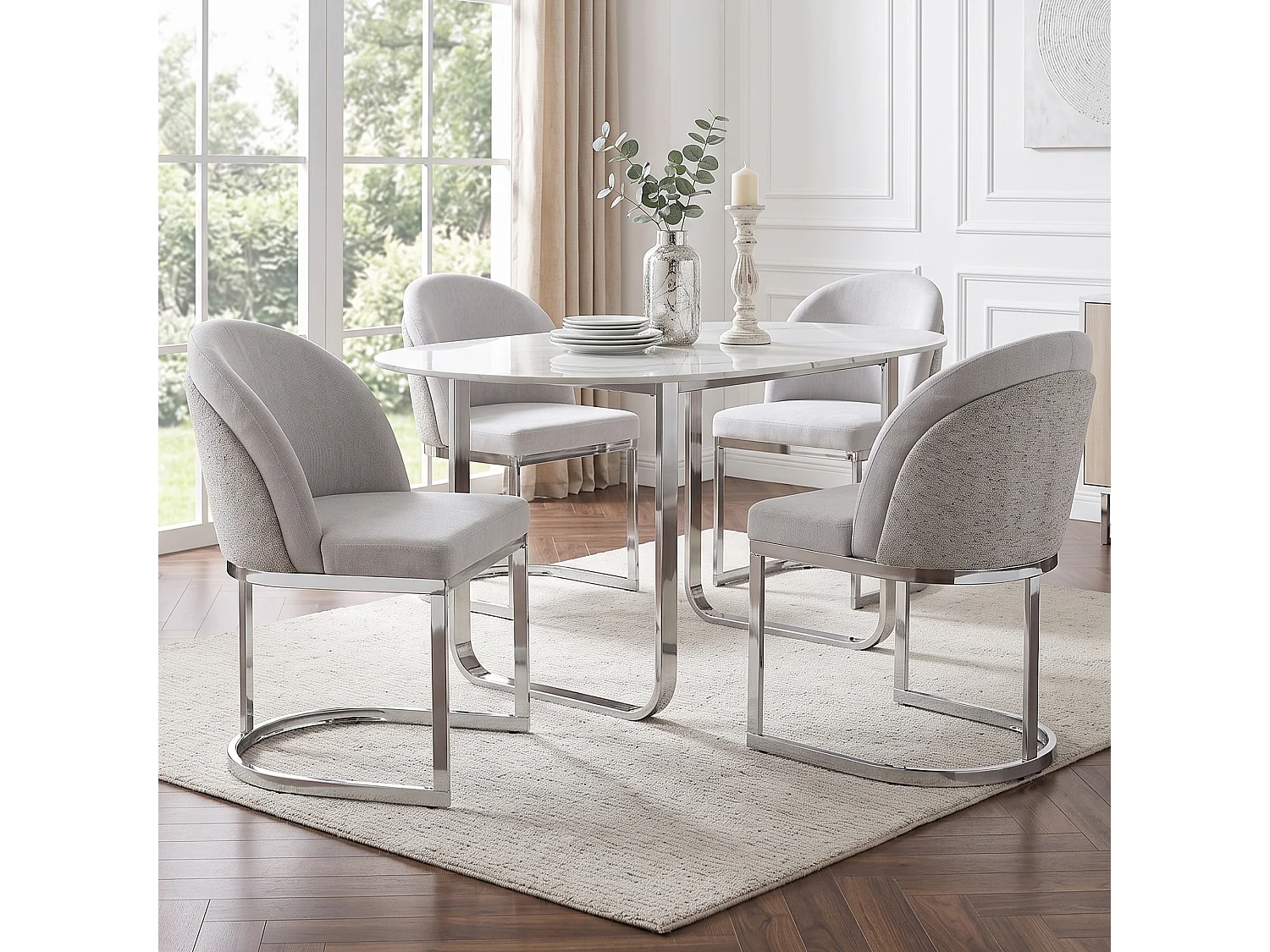 Lot de 6 chaises de salle à manger avec sans accoudoirs - Chenille et pieds en métal galvanisé  - 59 x 52 x 85 cm - Gris clair + argent